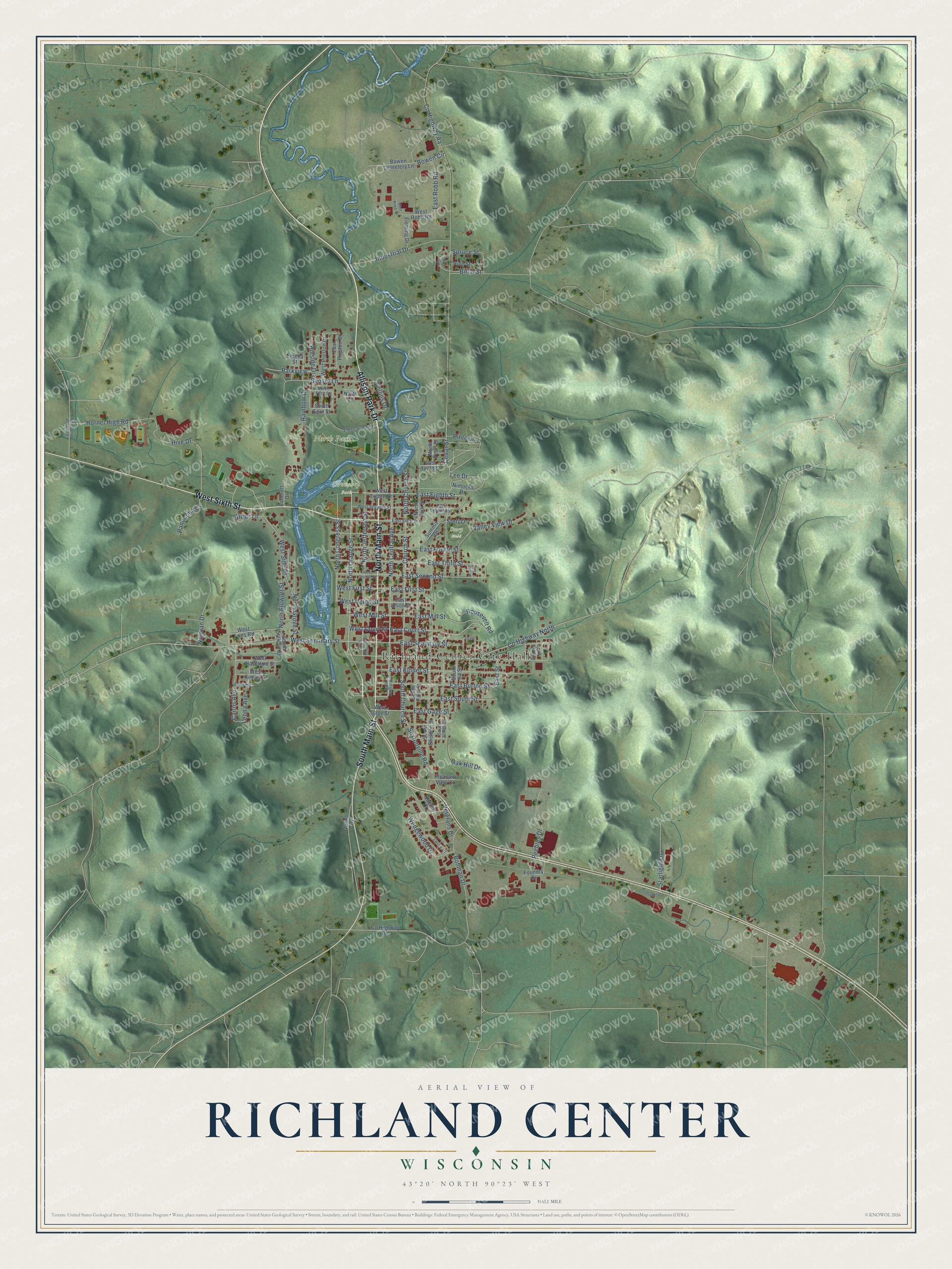 Full map of Richland Center, Wisconsin, with red buildings, printed street names and the land around them