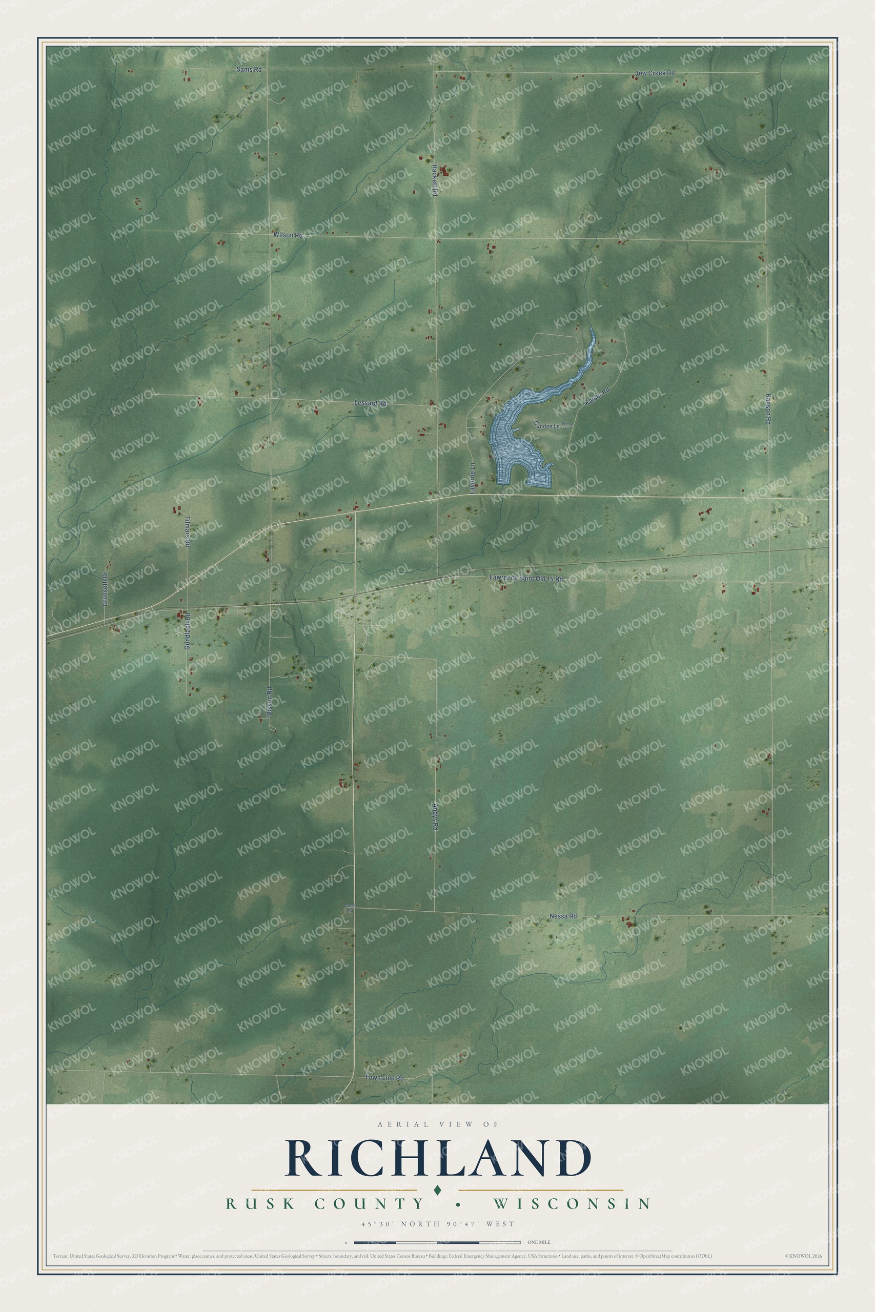 Full map of Richland, Wisconsin, with red buildings, printed street names and the land around them