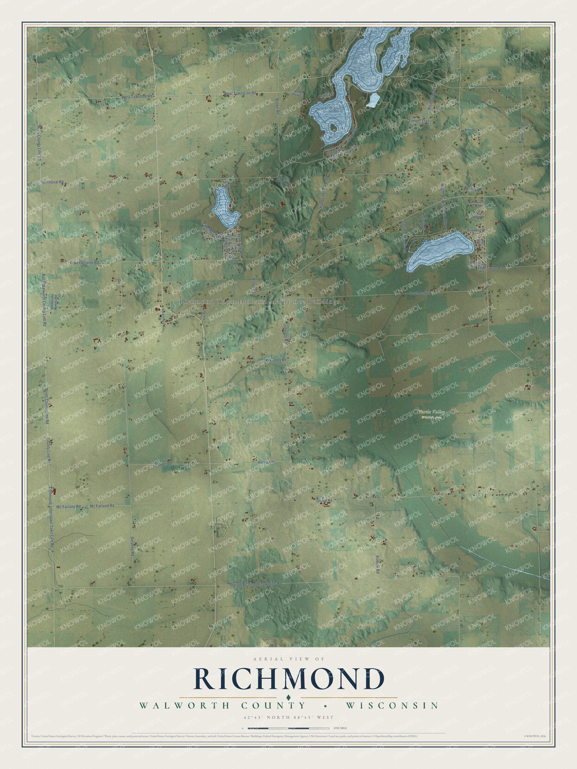 Full map of Richmond, Wisconsin, with red buildings, printed street names and the land around them