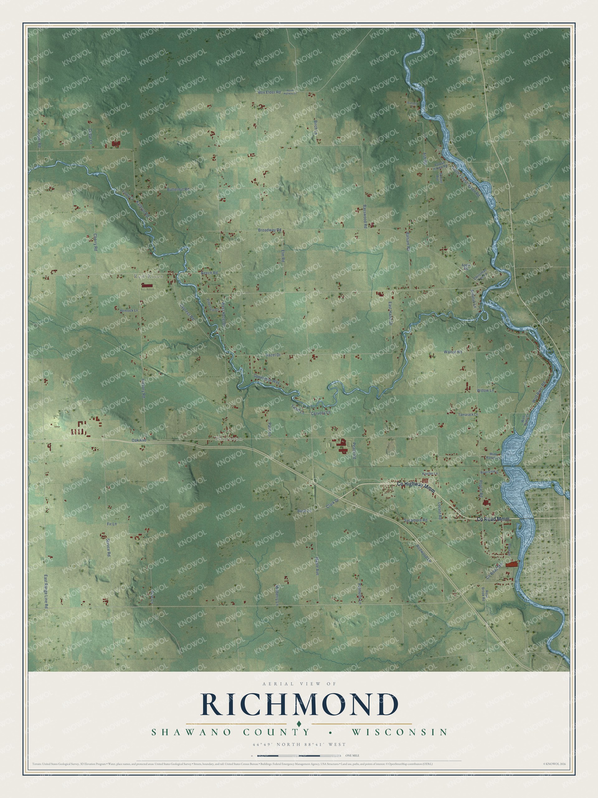Full map of Richmond, Wisconsin, with red buildings, printed street names and the land around them