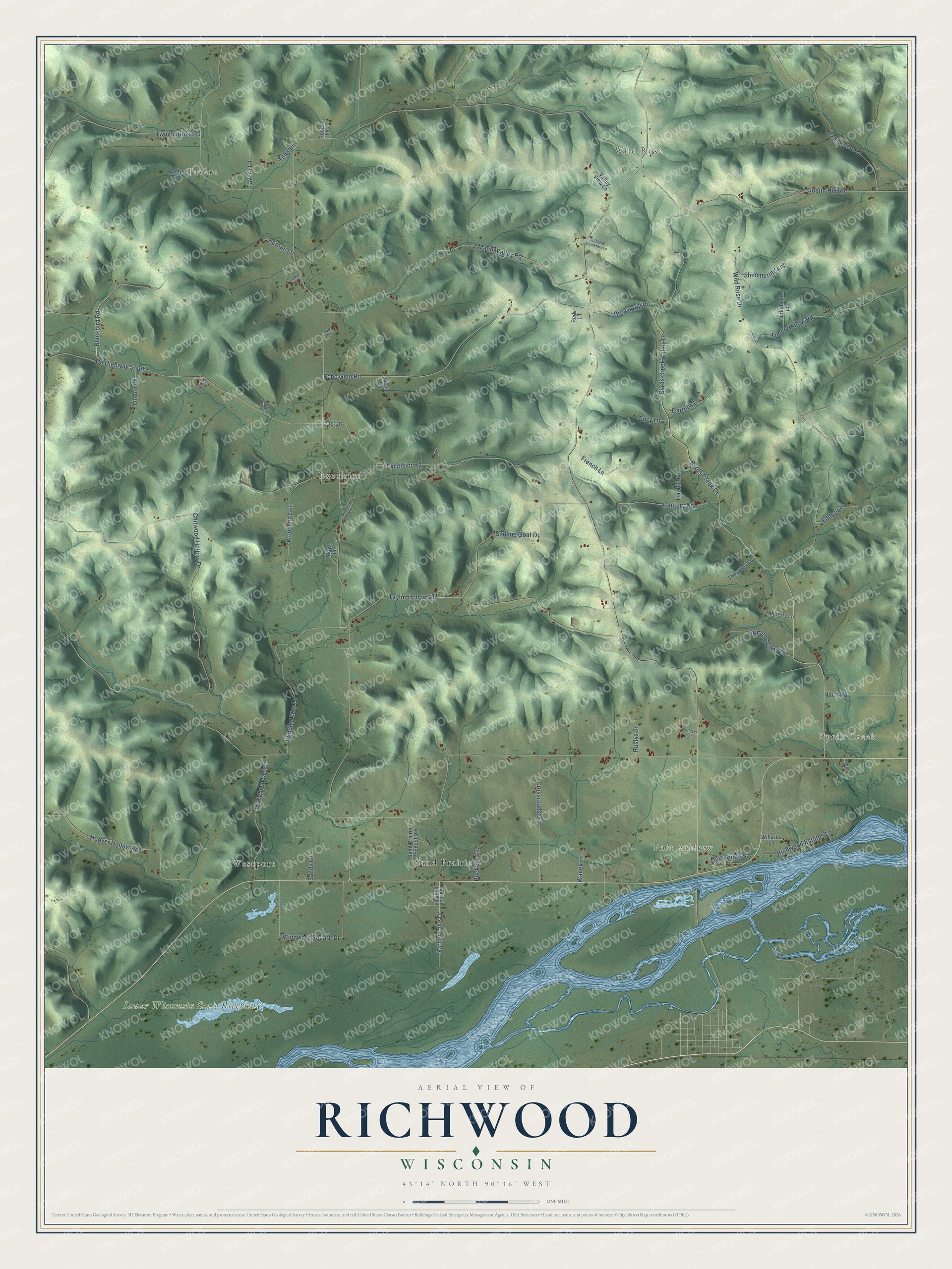 Full map of Richwood, Wisconsin, with red buildings, printed street names and the land around them