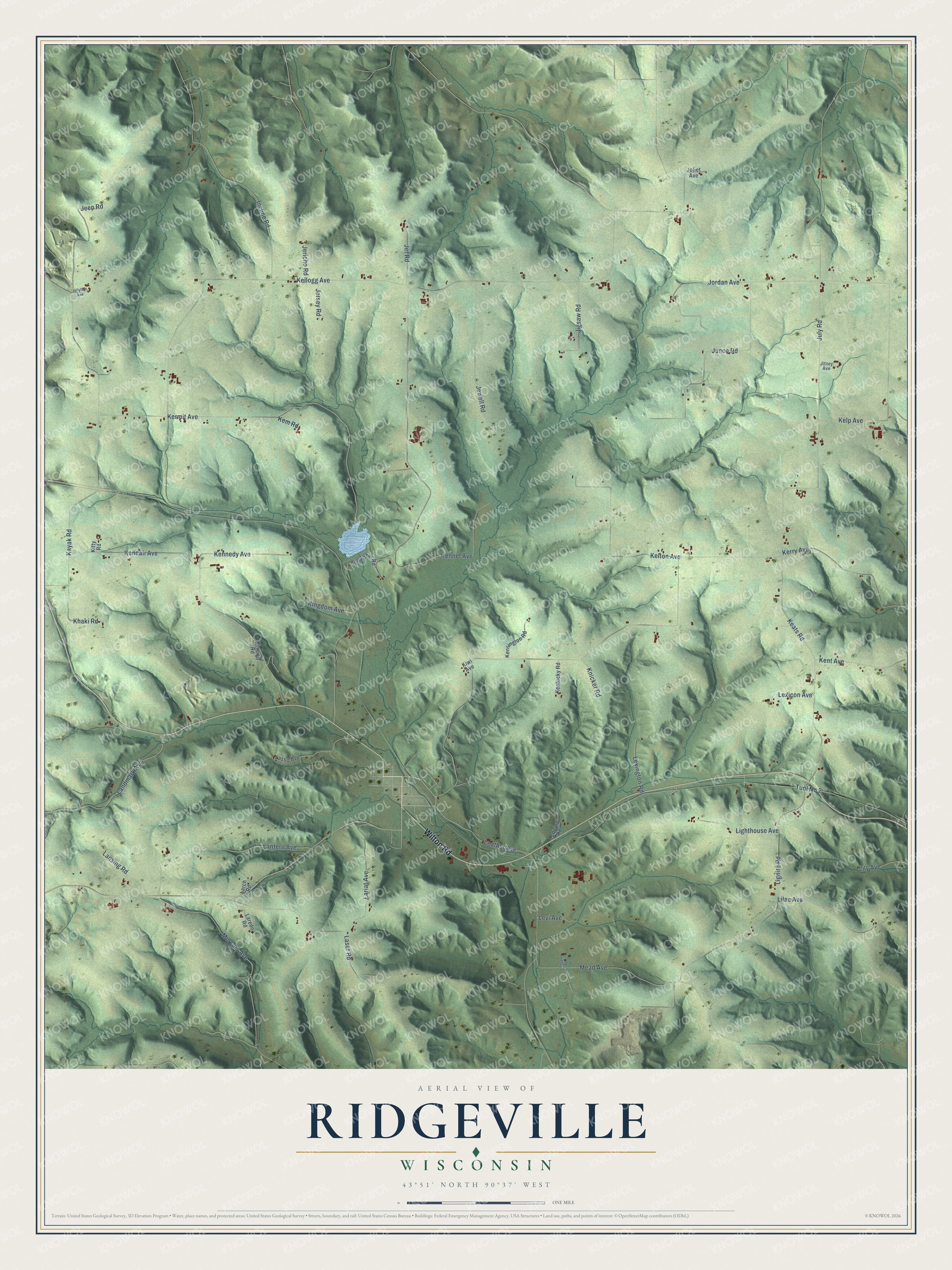 Full map of Ridgeville, Wisconsin, with red buildings, printed street names and the land around them