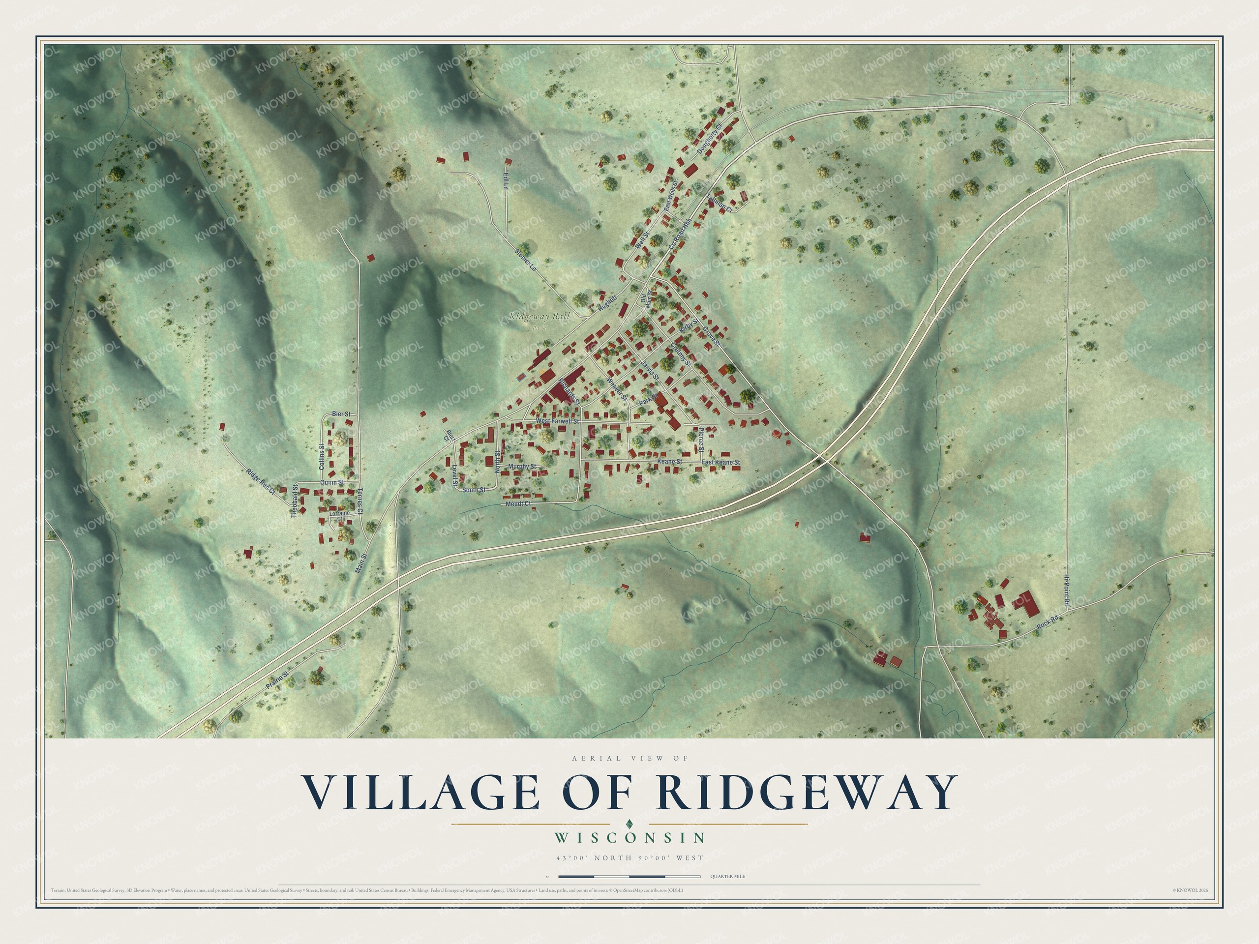 Full map of Ridgeway, Wisconsin, with red buildings, printed street names and the land around them