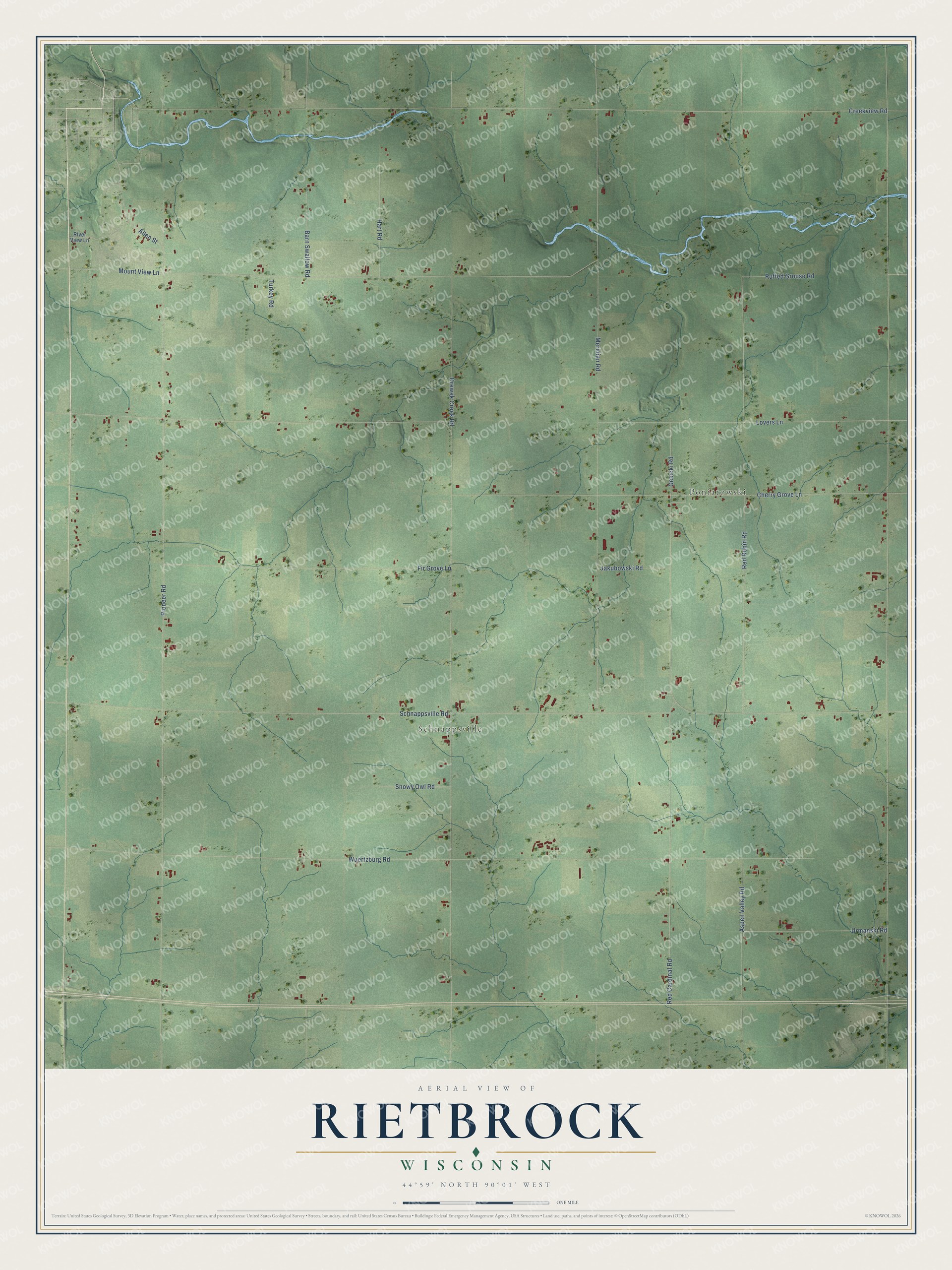 Full map of Rietbrock, Wisconsin, with red buildings, printed street names and the land around them