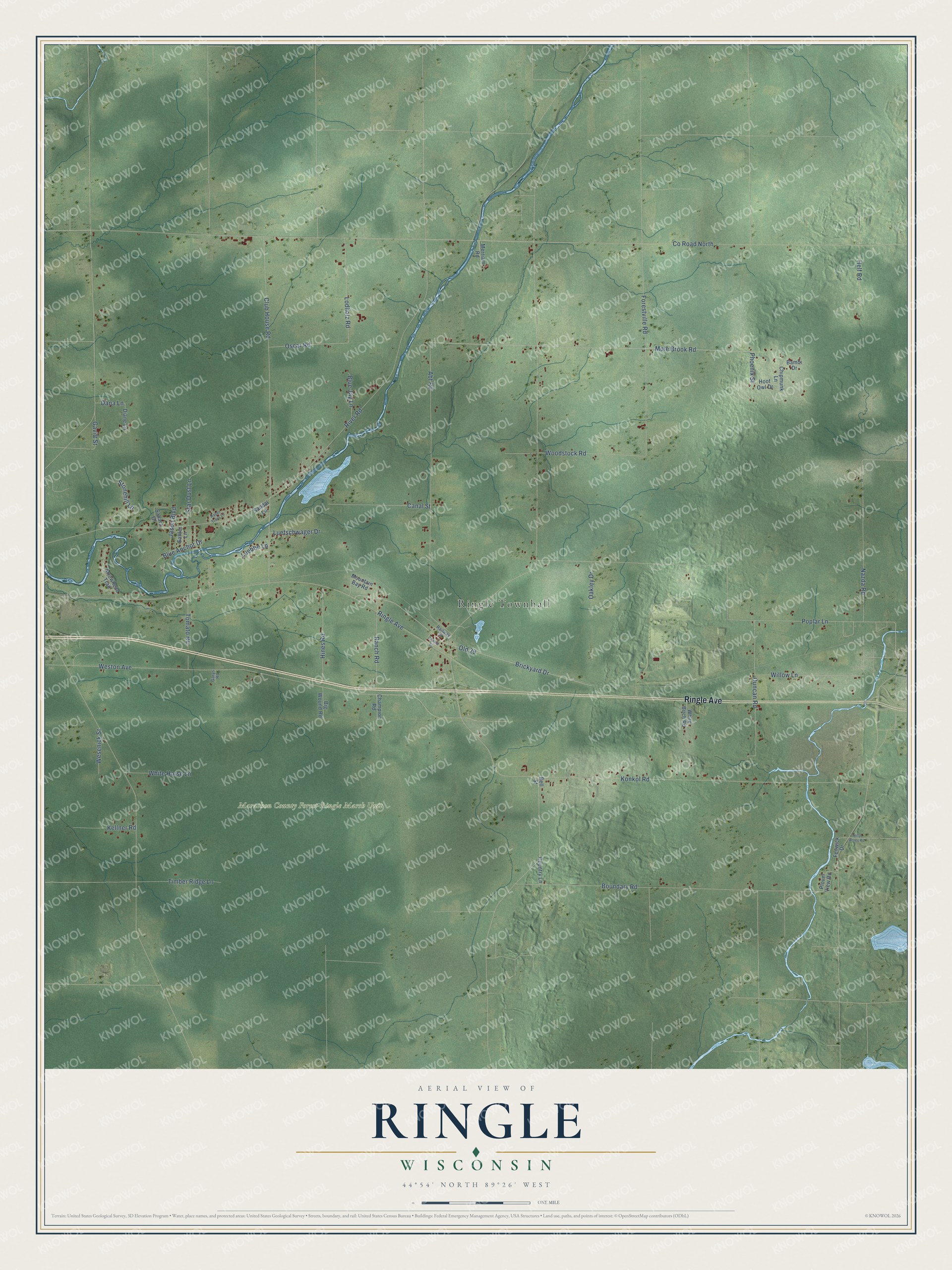Full map of Ringle, Wisconsin, with red buildings, printed street names and the land around them