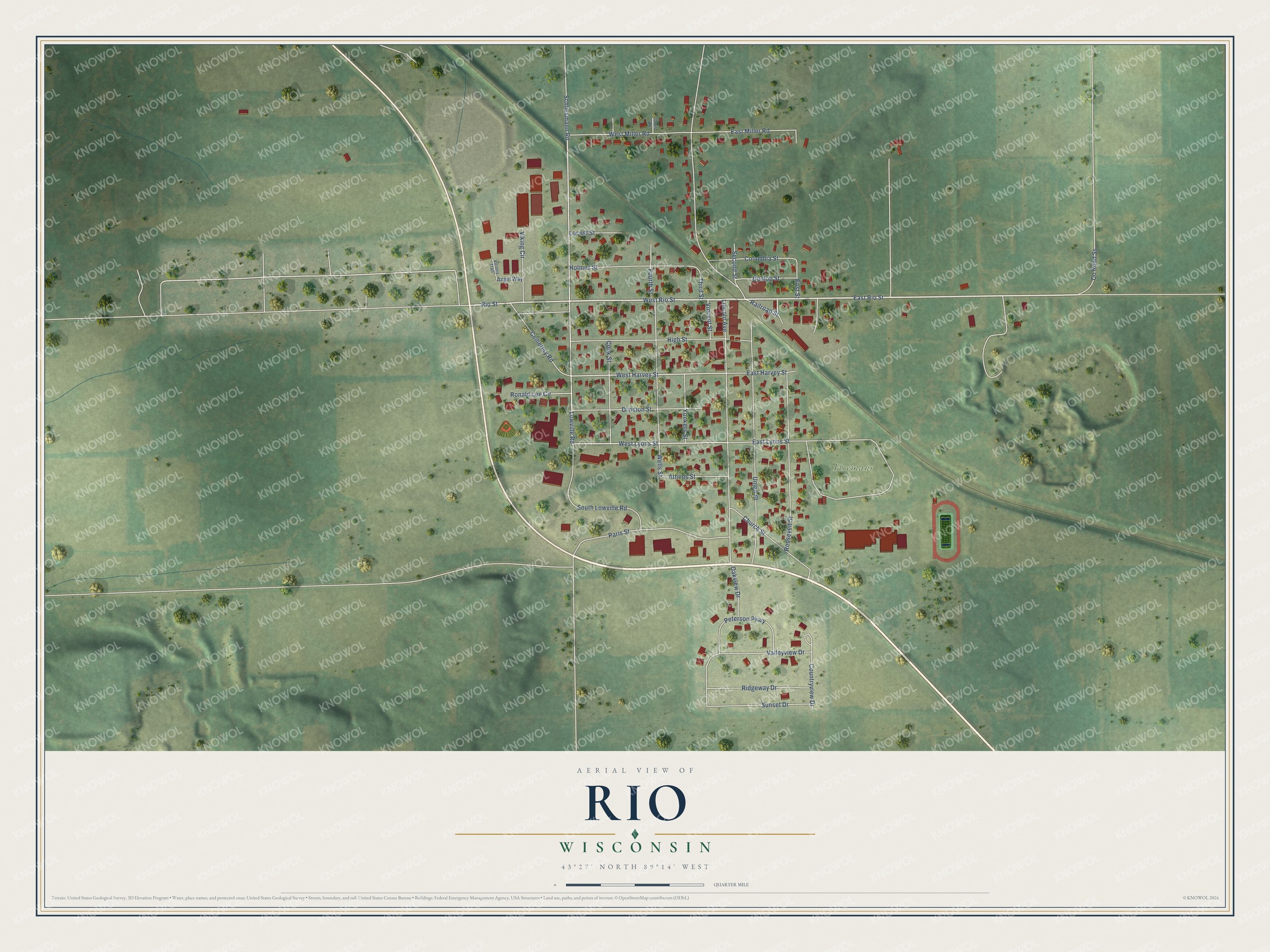 Full map of Rio, Wisconsin, with red buildings, printed street names and the land around them
