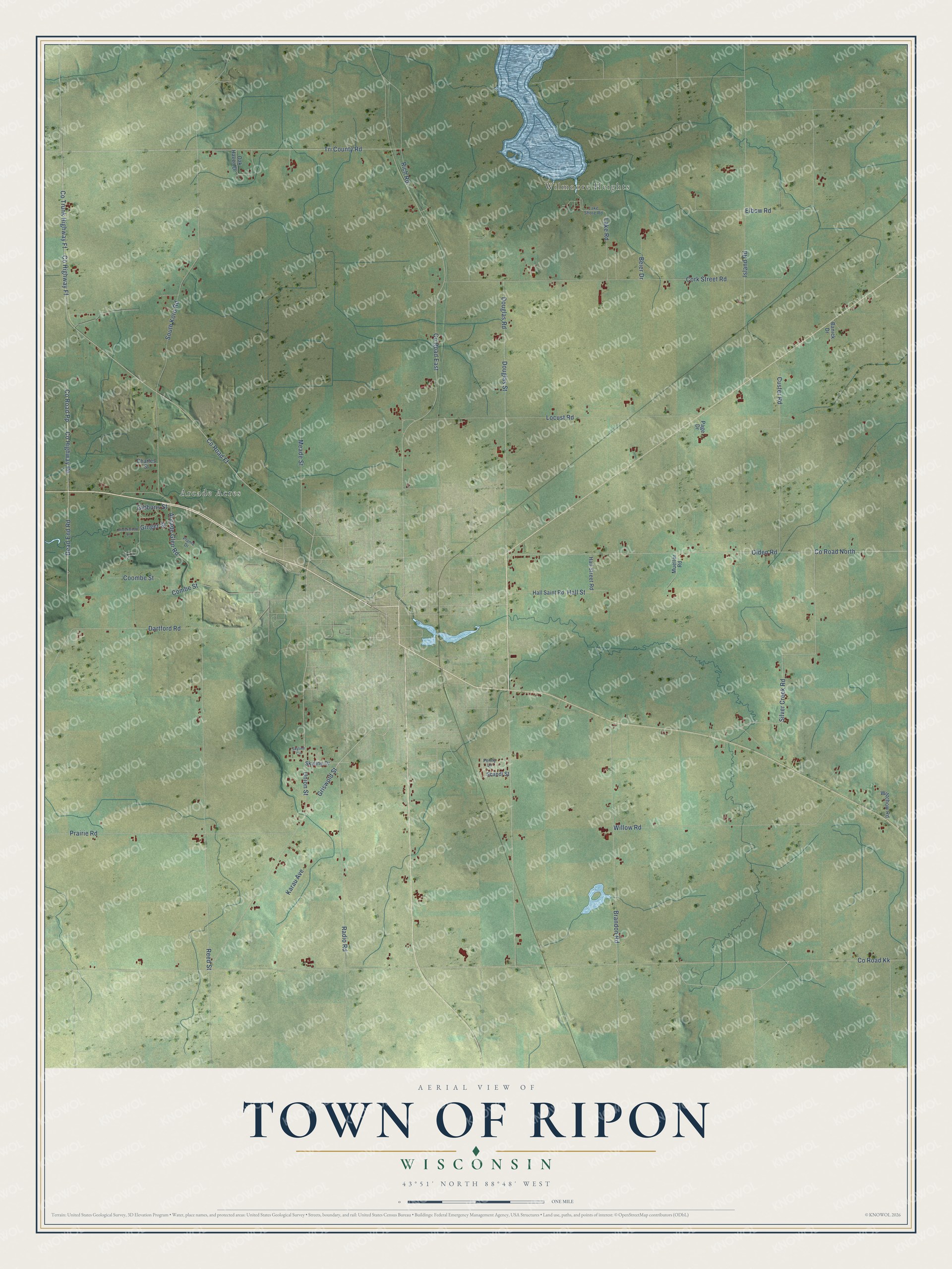Full map of Ripon, Wisconsin, with red buildings, printed street names and the land around them