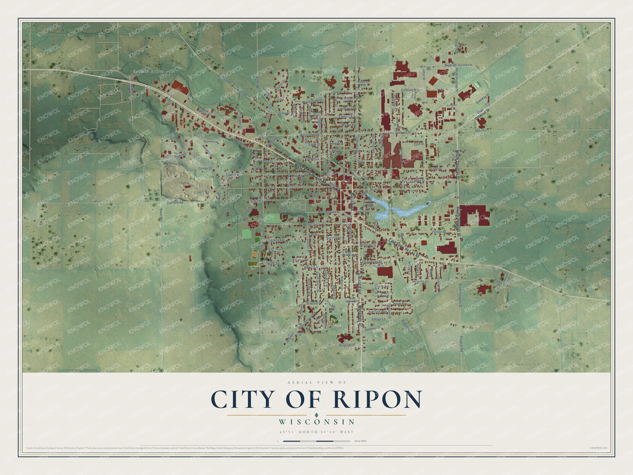 Full map of Ripon, Wisconsin, with red buildings, printed street names and the land around them