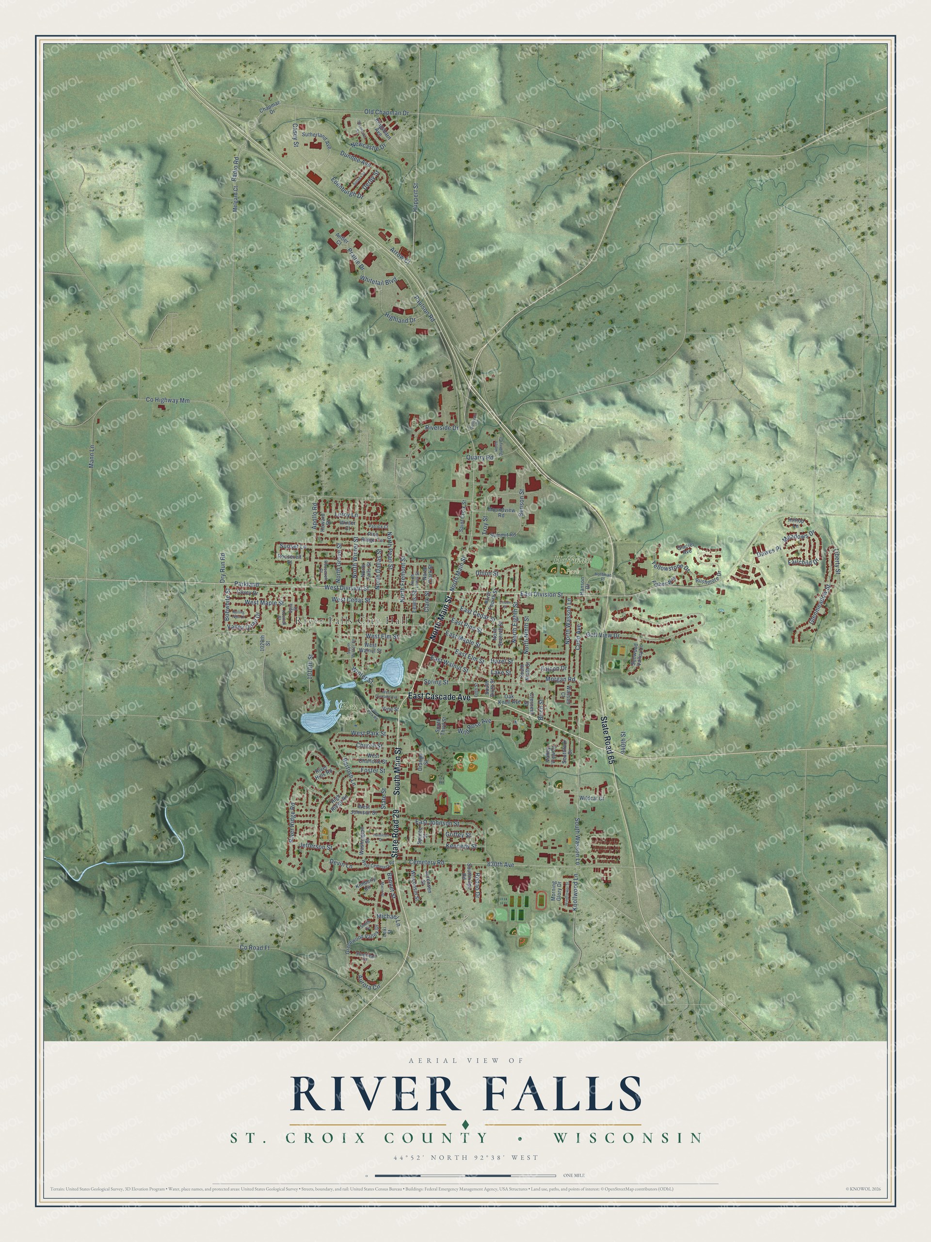 Full map of River Falls, Wisconsin, with red buildings, printed street names and the land around them