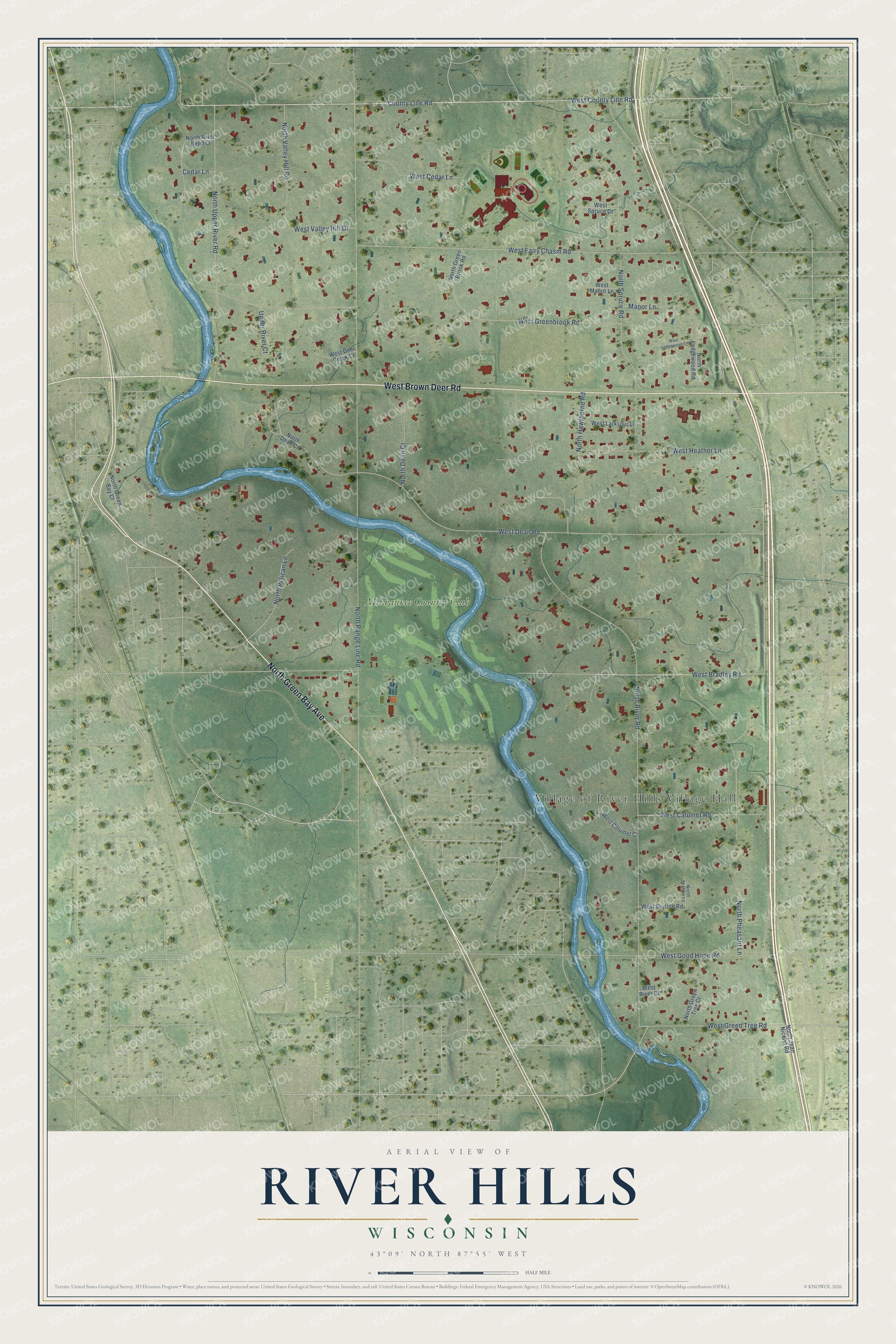 Full map of River Hills, Wisconsin, with red buildings, printed street names and the land around them