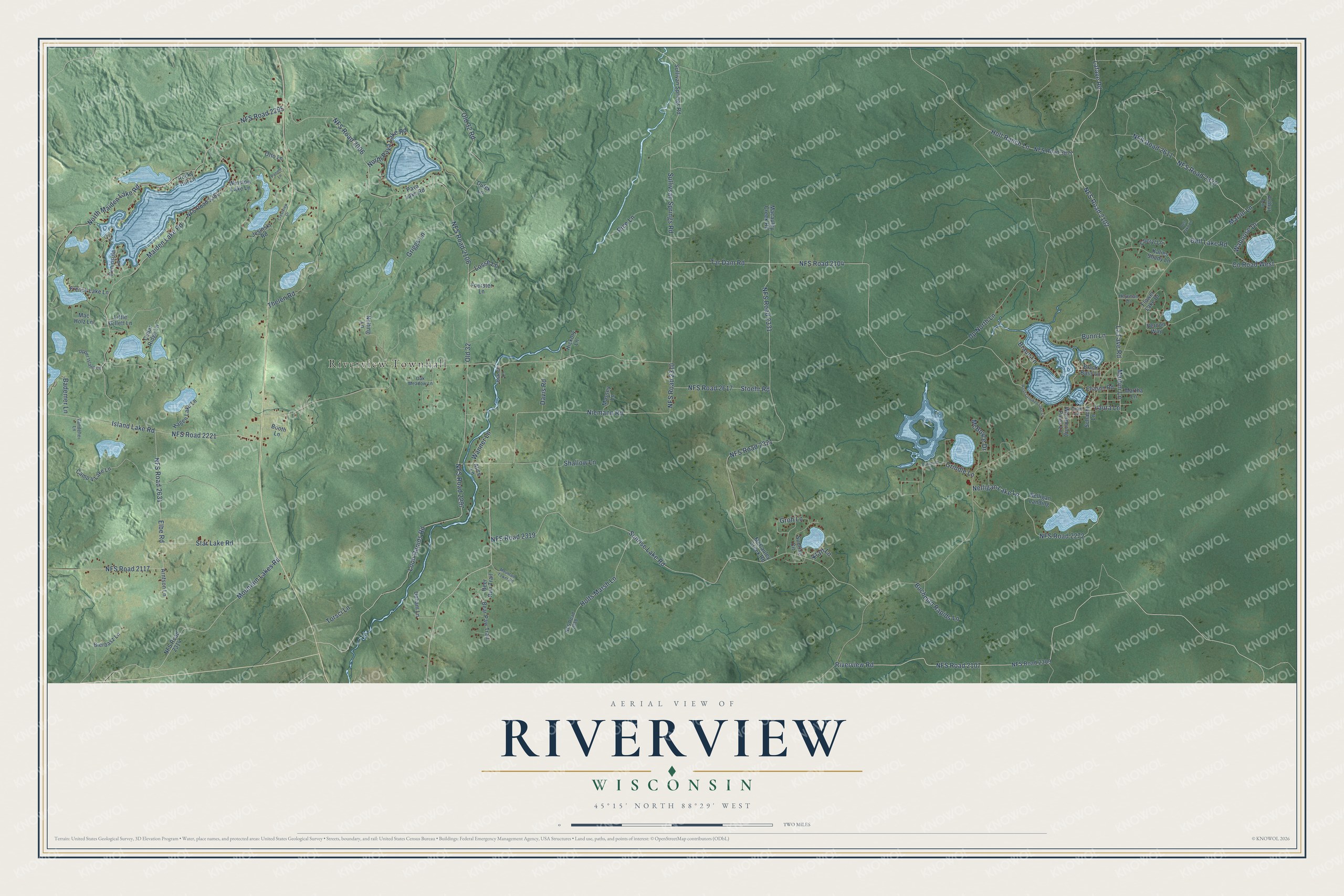 Full map of Riverview, Wisconsin, with red buildings, printed street names and the land around them