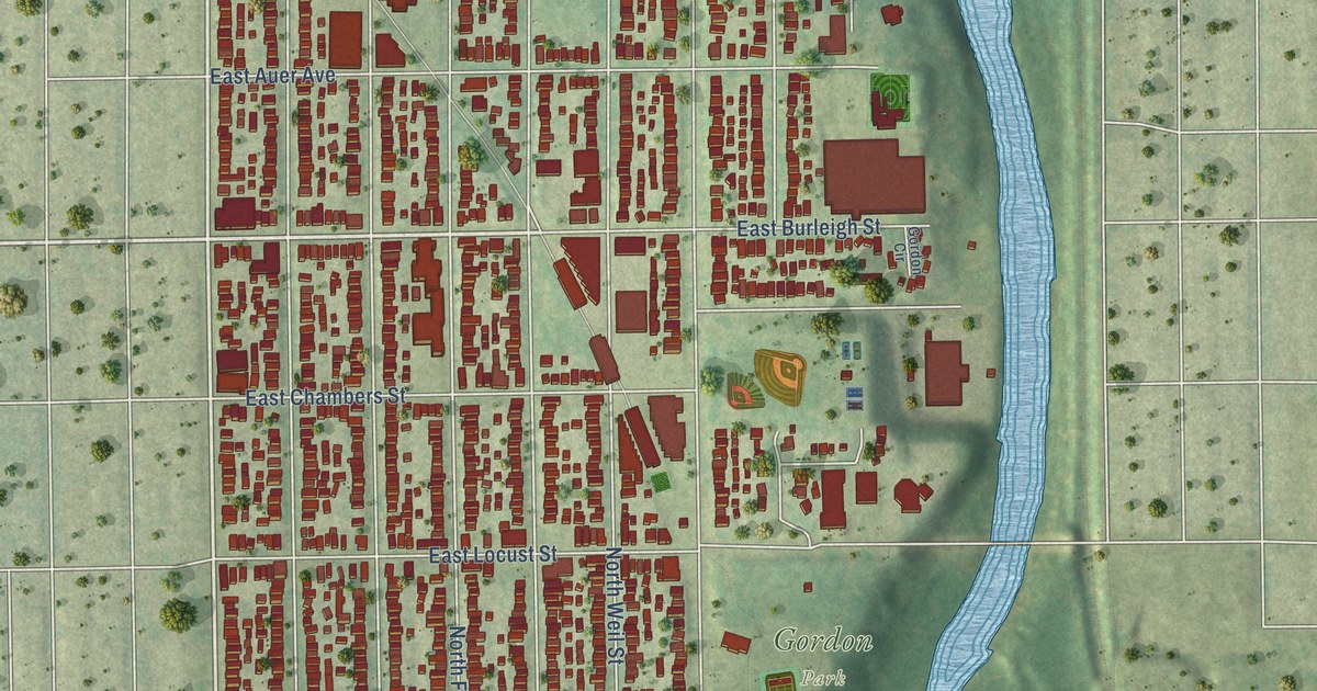 Close-up of streets and buildings in Riverwest, Wisconsin