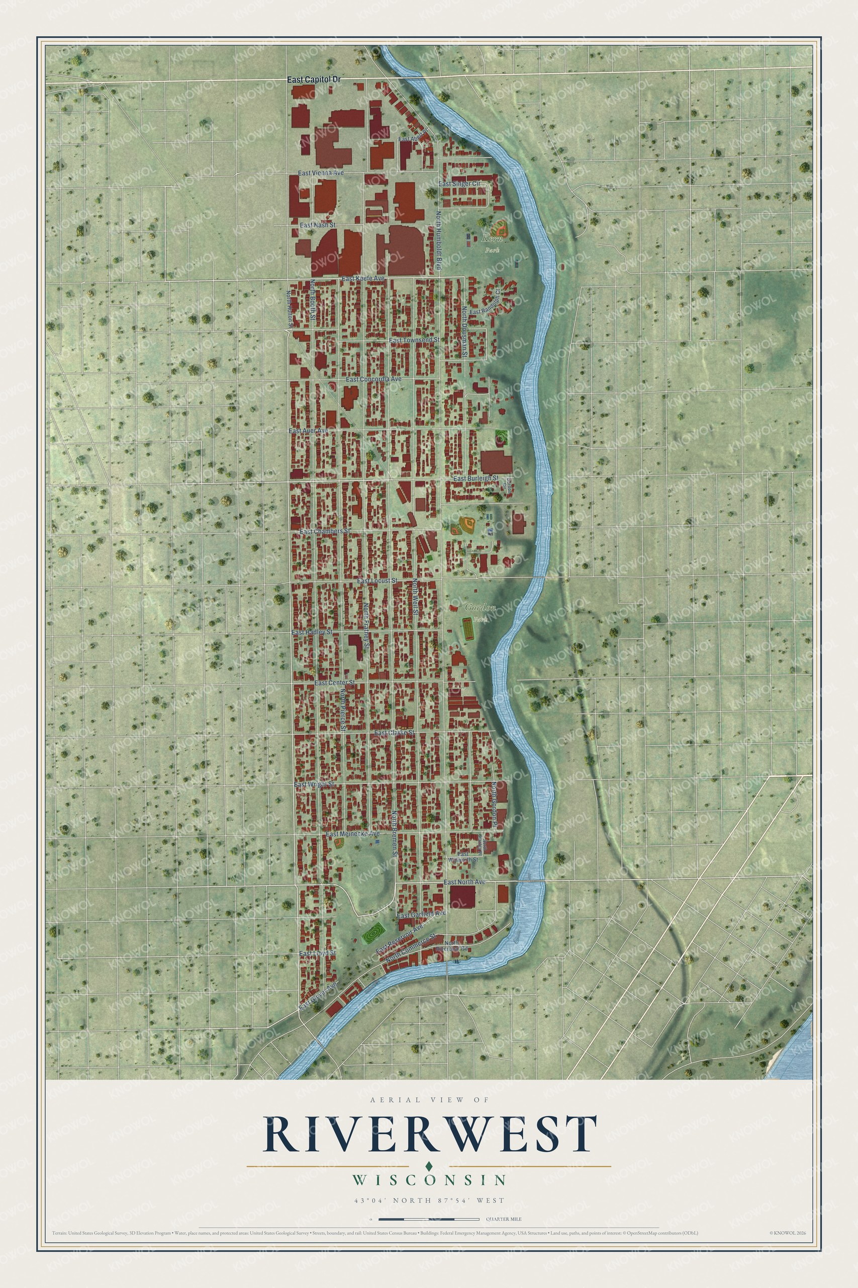 Full map of Riverwest, Wisconsin, with red buildings, printed street names and the land around them