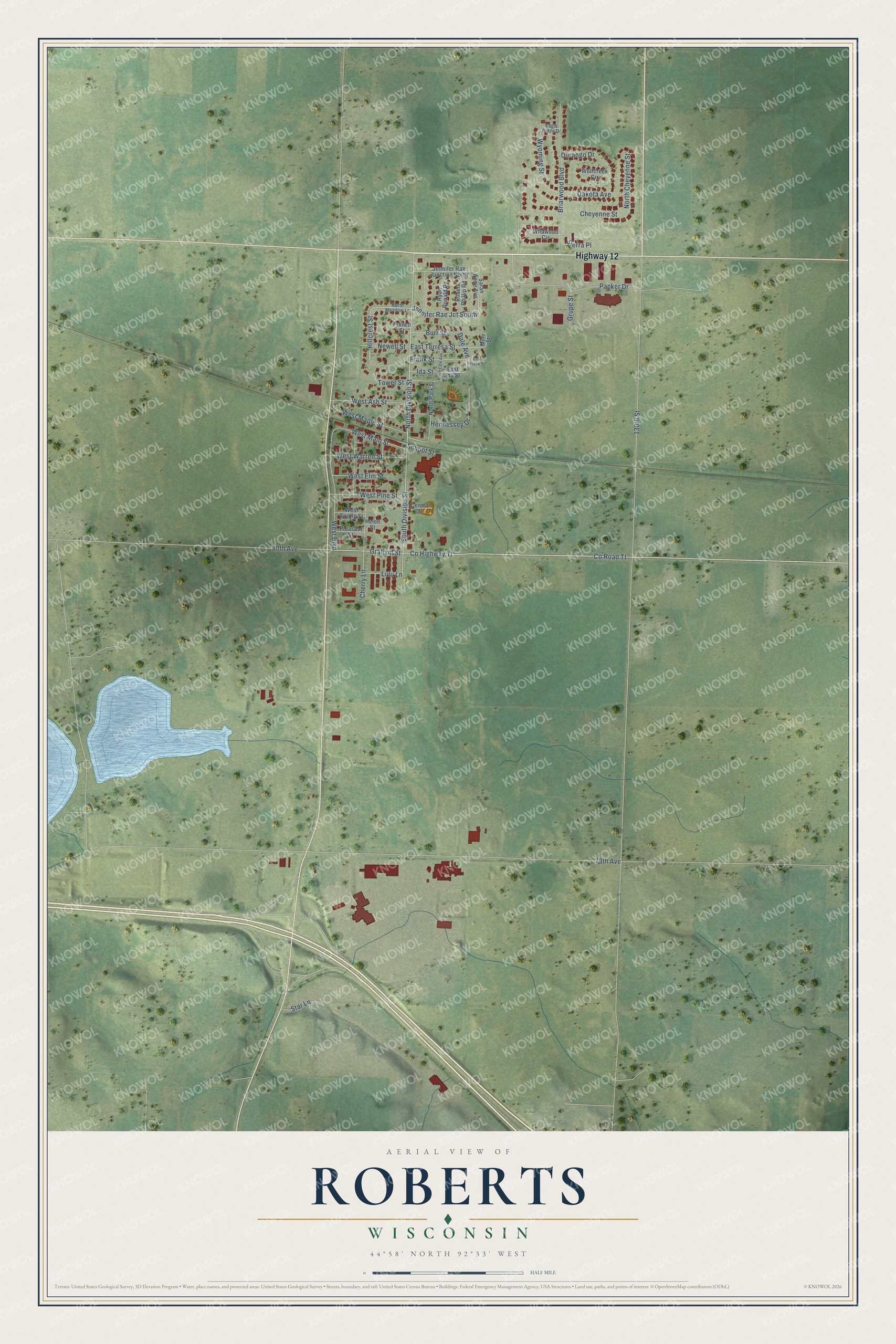 Full map of Roberts, Wisconsin, with red buildings, printed street names and the land around them