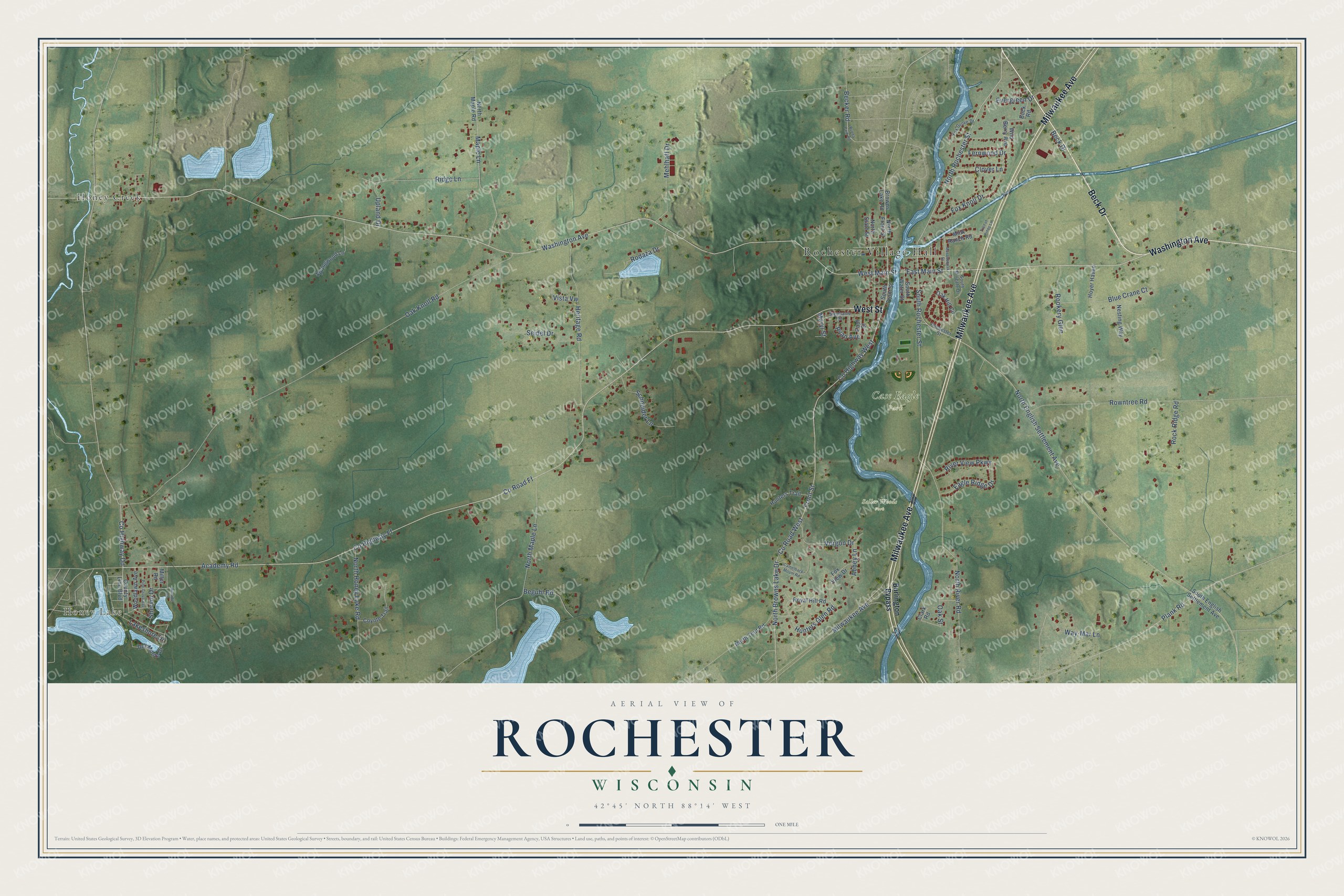 Full map of Rochester, Wisconsin, with red buildings, printed street names and the land around them