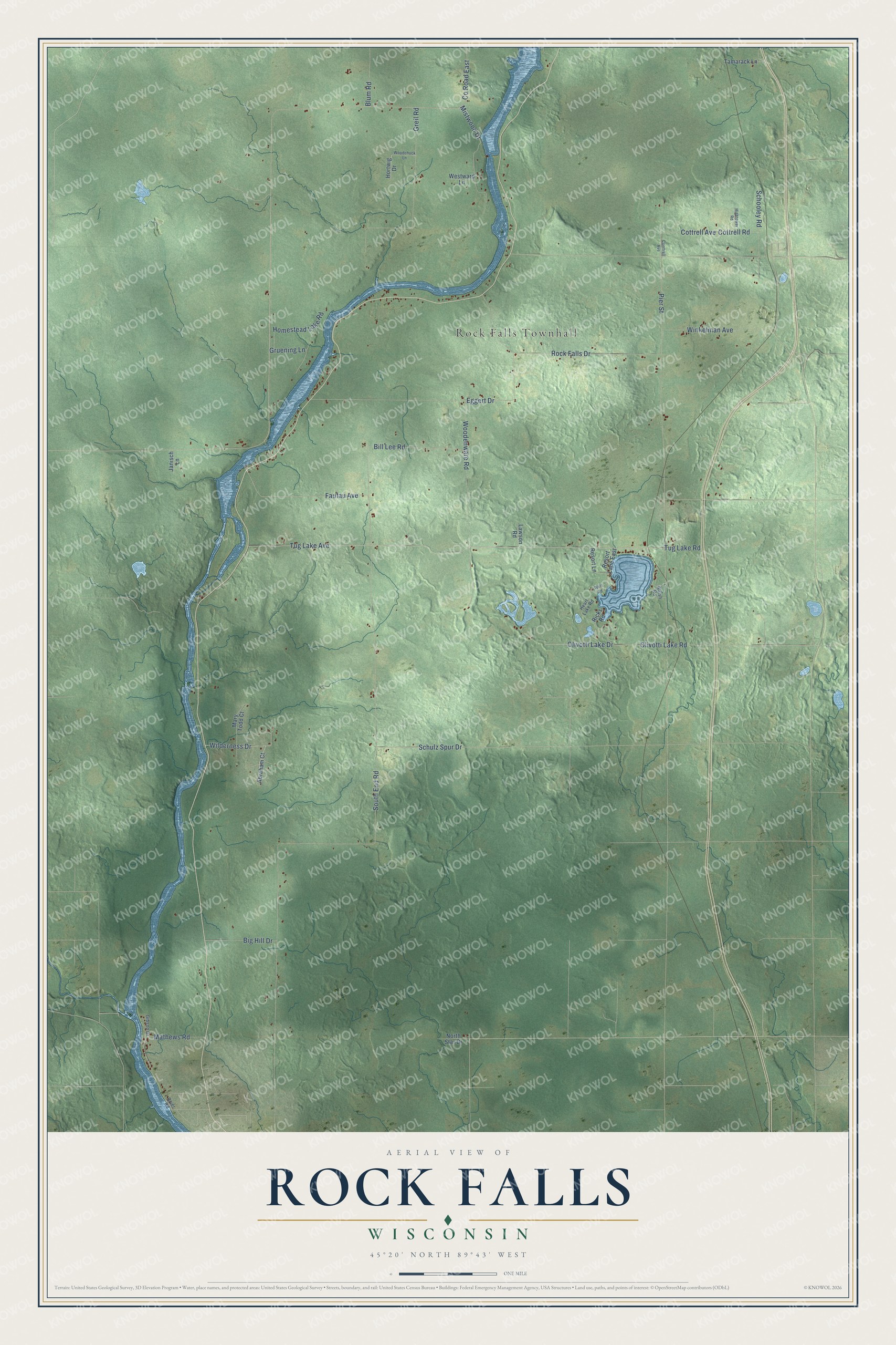 Full map of Rock Falls, Wisconsin, with red buildings, printed street names and the land around them