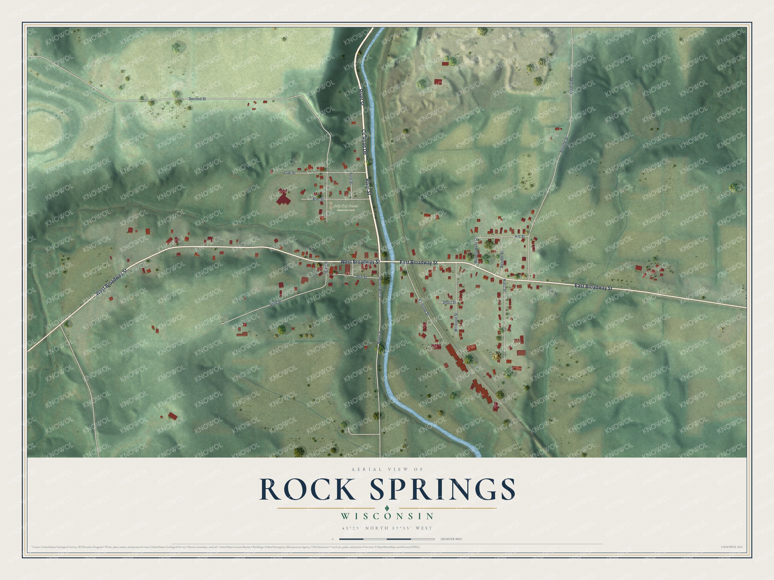 Full map of Rock Springs, Wisconsin, with red buildings, printed street names and the land around them
