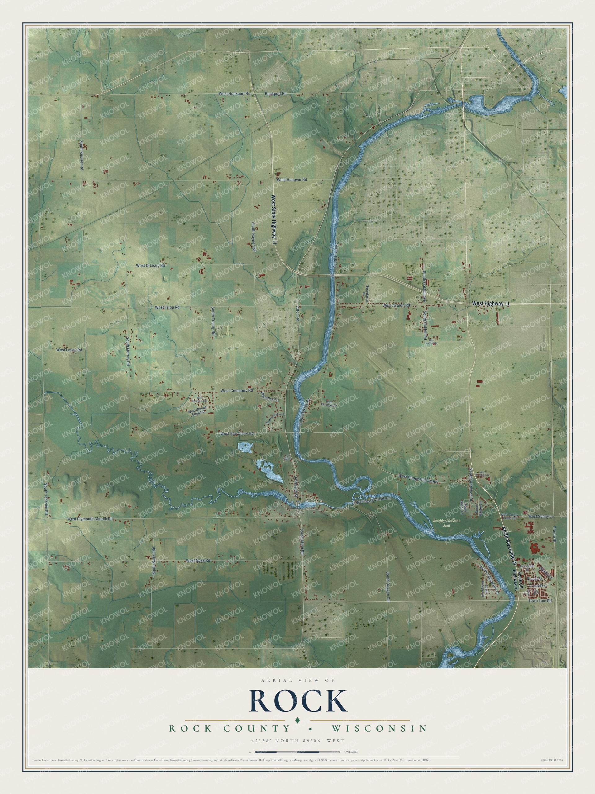 Full map of Rock, Wisconsin, with red buildings, printed street names and the land around them