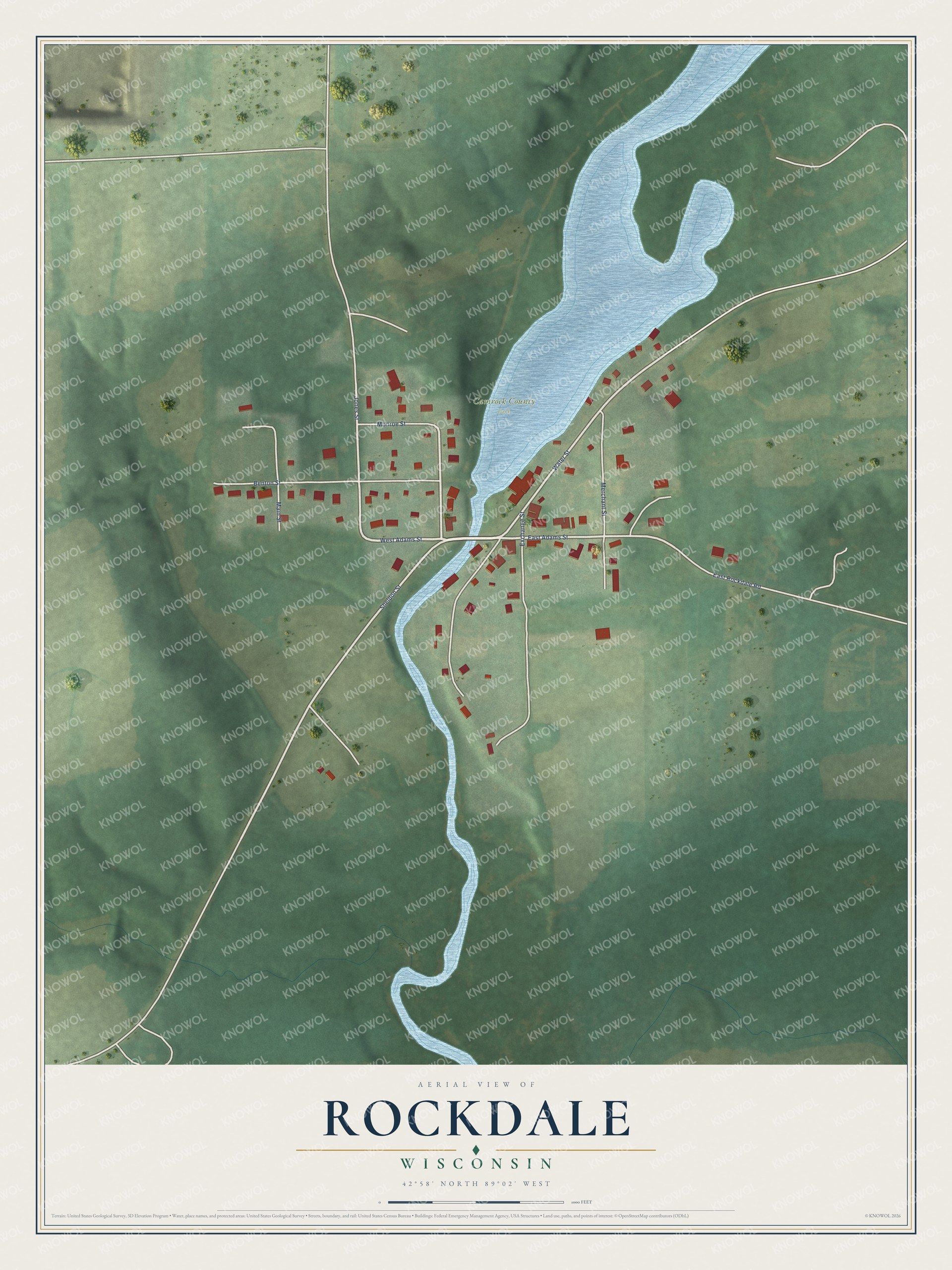 Full map of Rockdale, Wisconsin, with red buildings, printed street names and the land around them