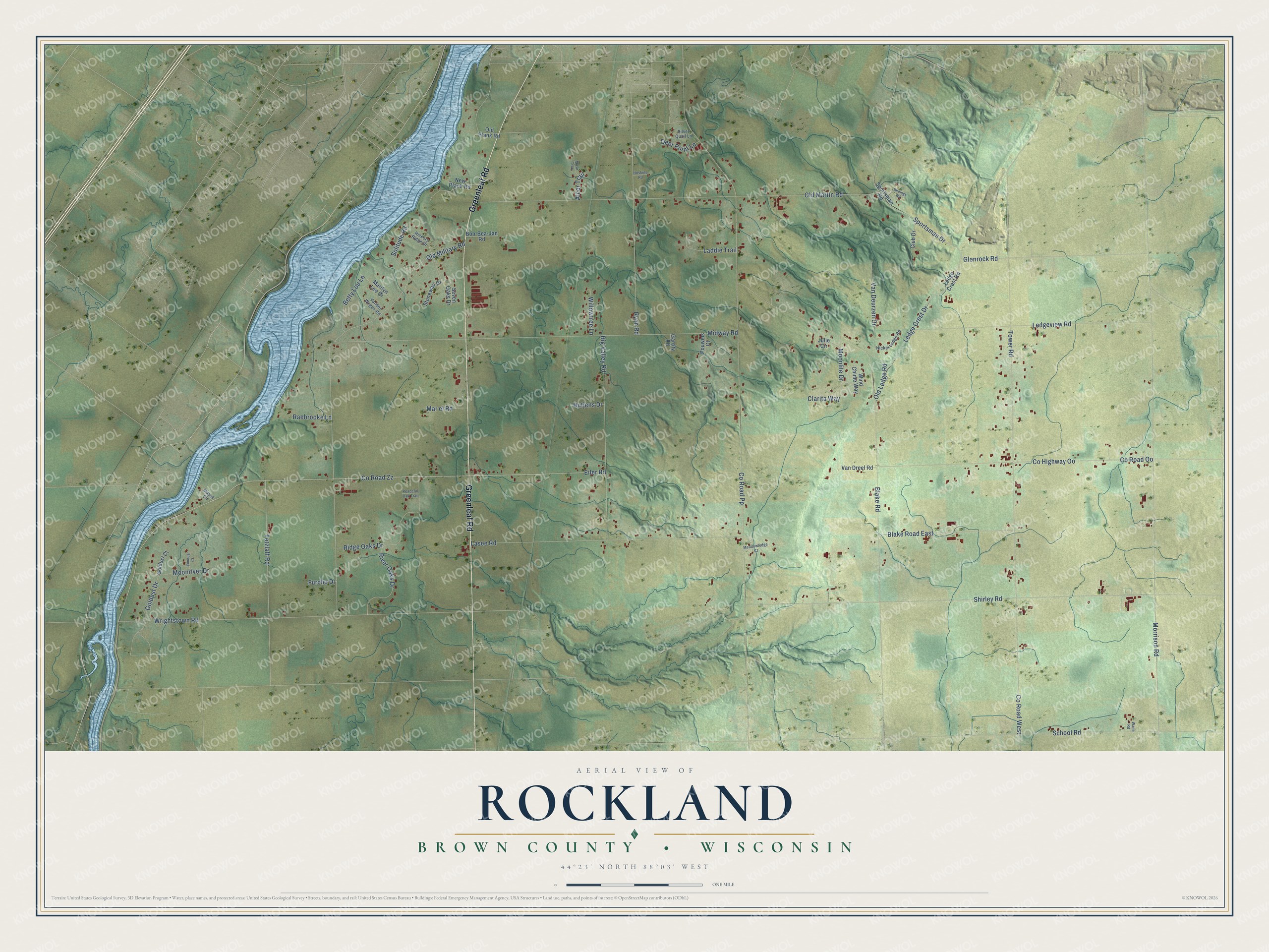 Full map of Rockland, Wisconsin, with red buildings, printed street names and the land around them