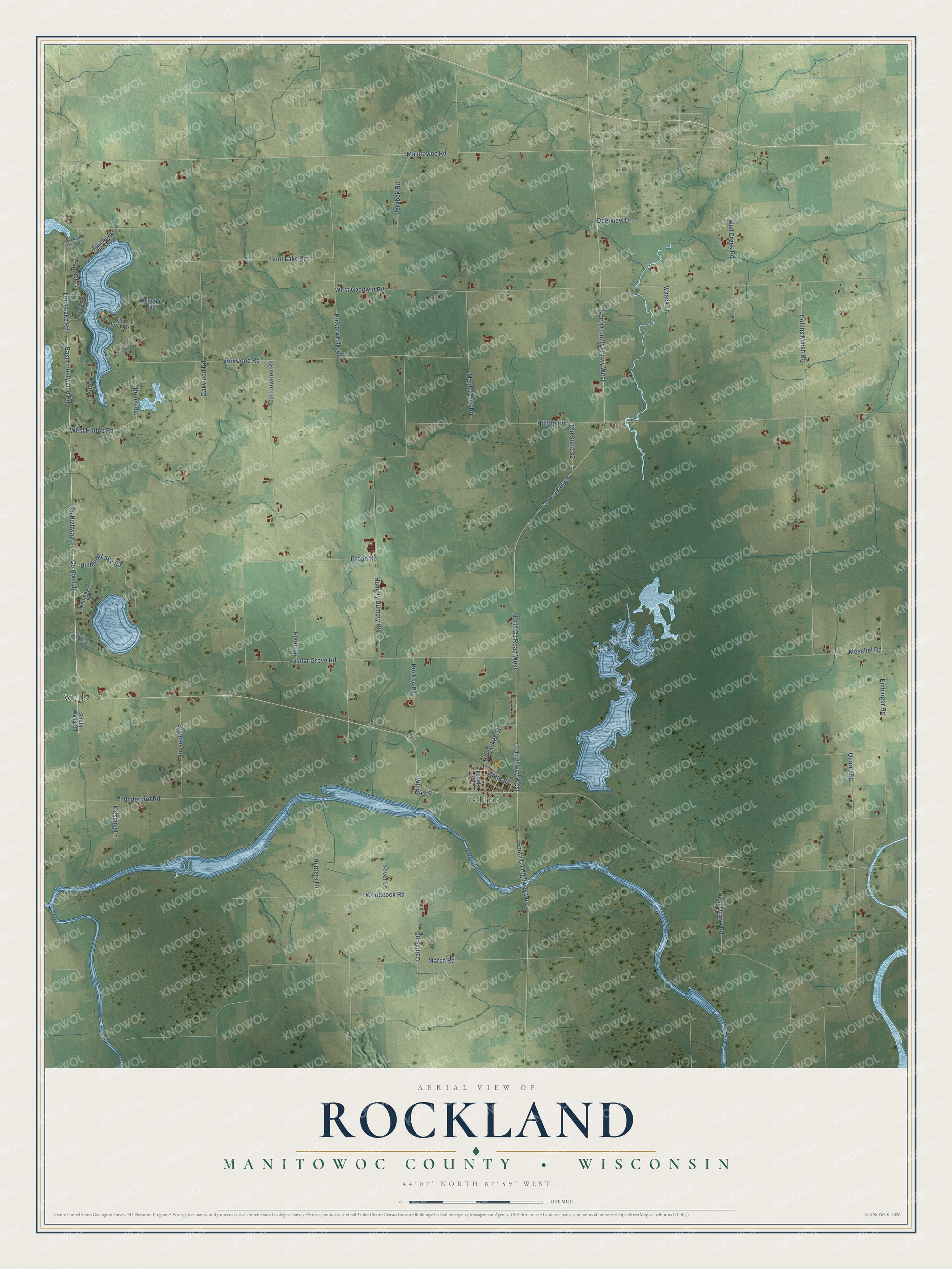 Full map of Rockland, Wisconsin, with red buildings, printed street names and the land around them