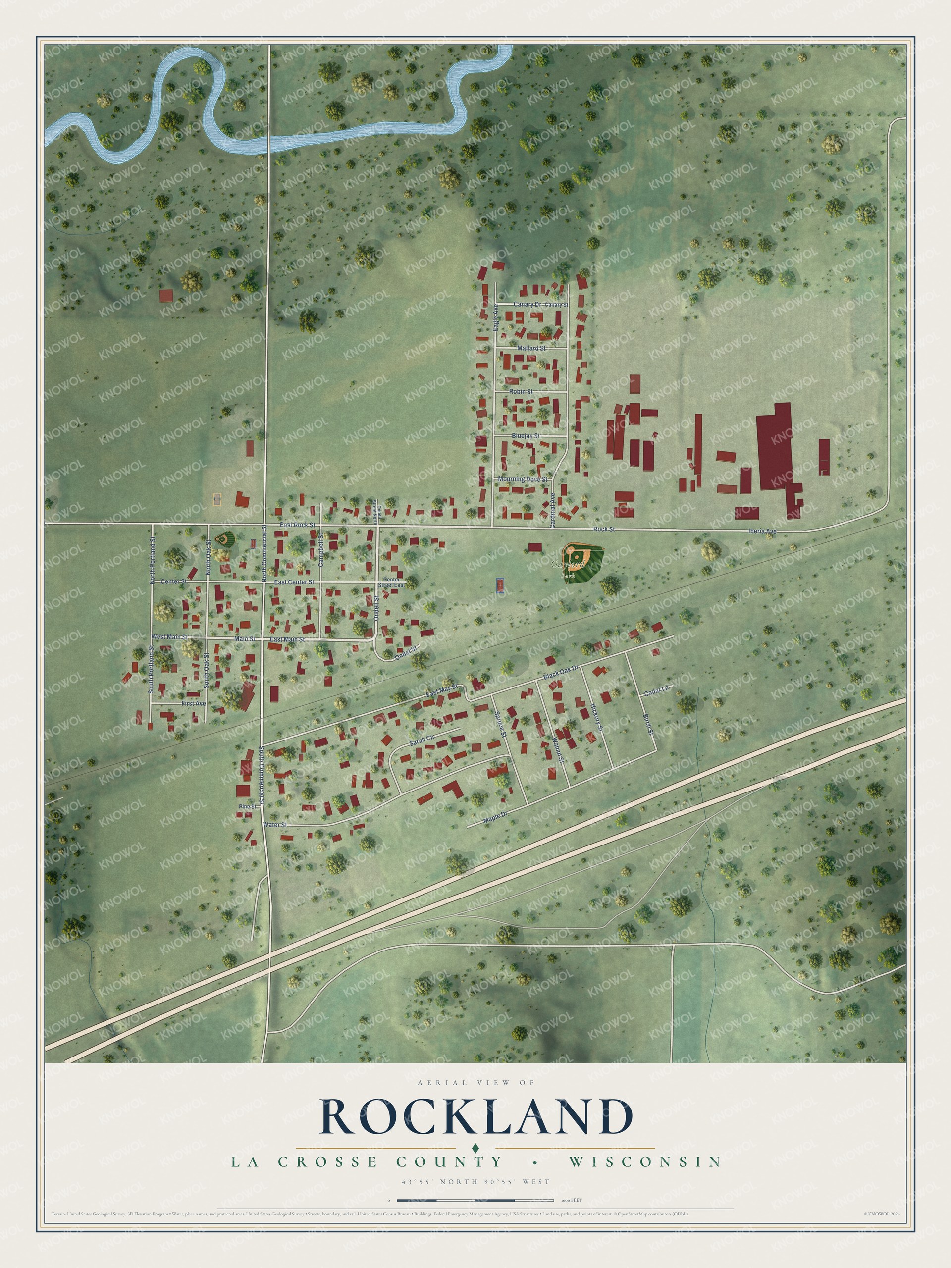 Full map of Rockland, Wisconsin, with red buildings, printed street names and the land around them