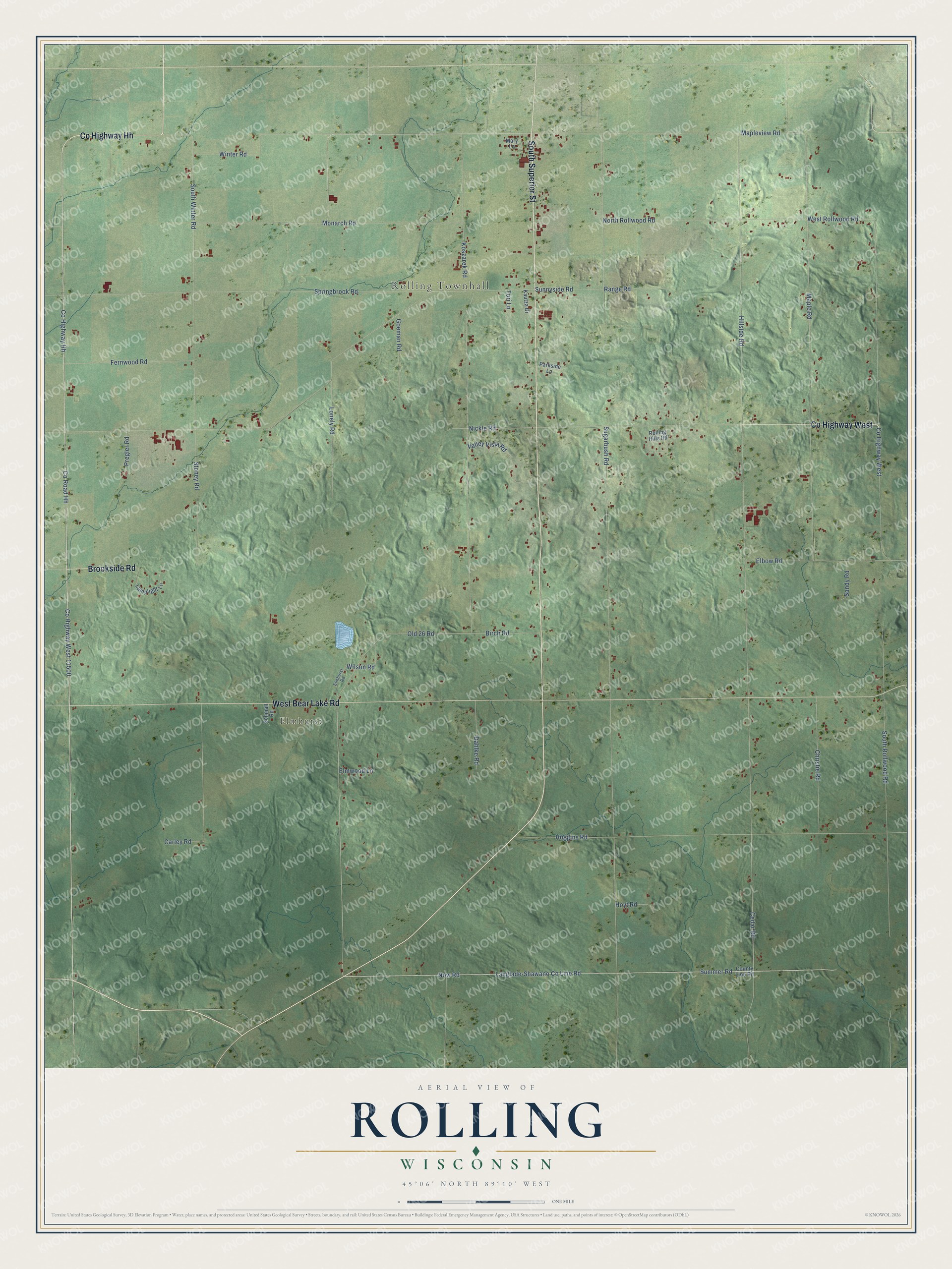 Full map of Rolling, Wisconsin, with red buildings, printed street names and the land around them
