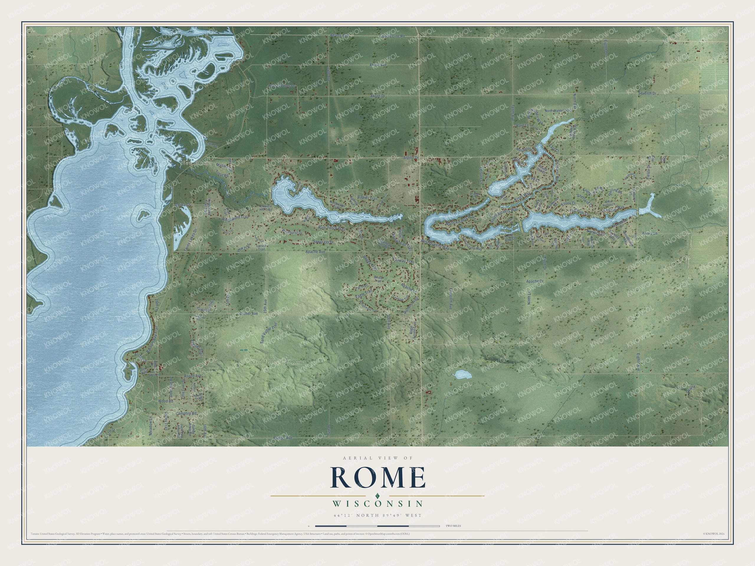 Full map of Rome, Wisconsin, with red buildings, printed street names and the land around them