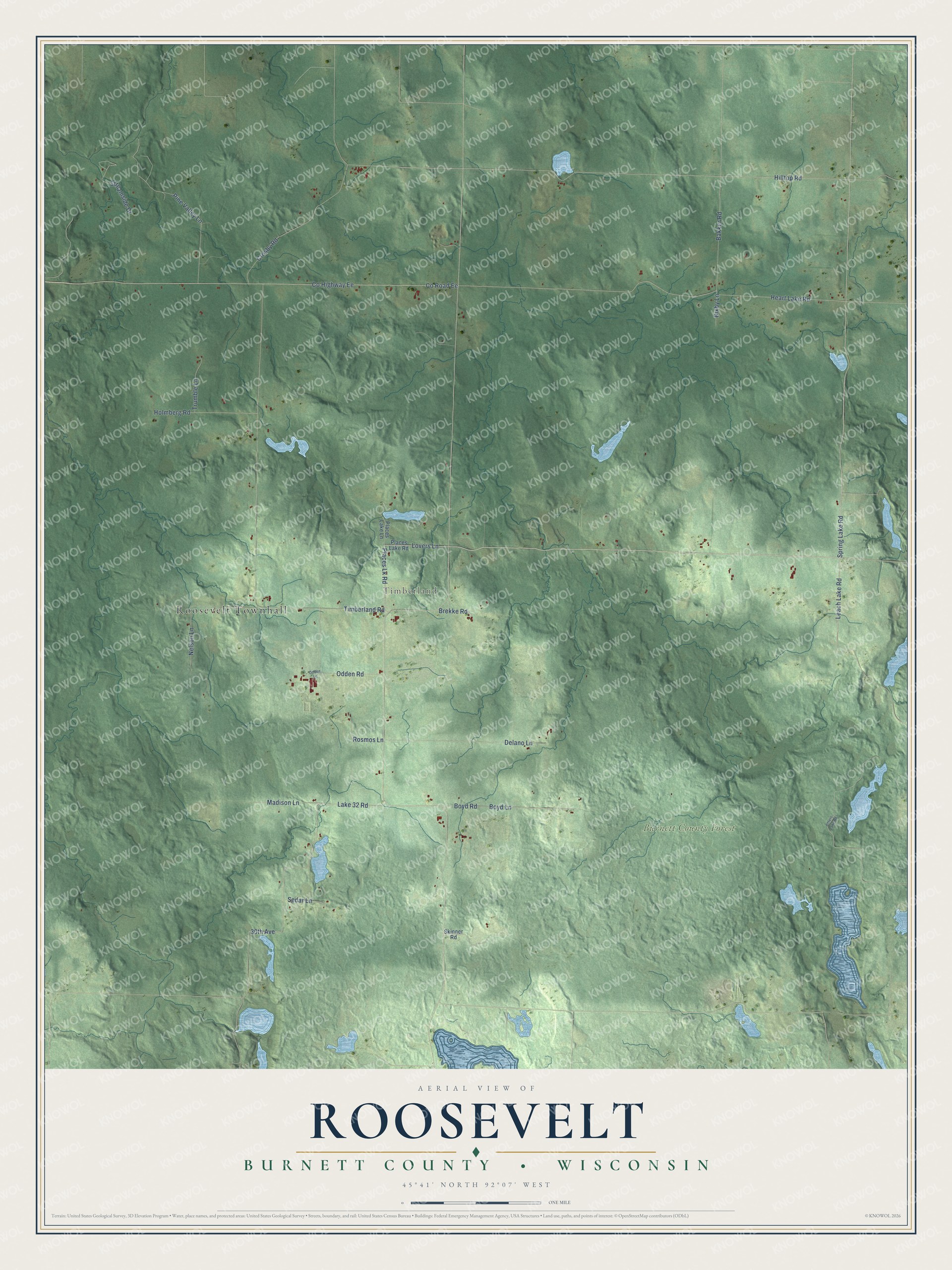 Full map of Roosevelt, Wisconsin, with red buildings, printed street names and the land around them