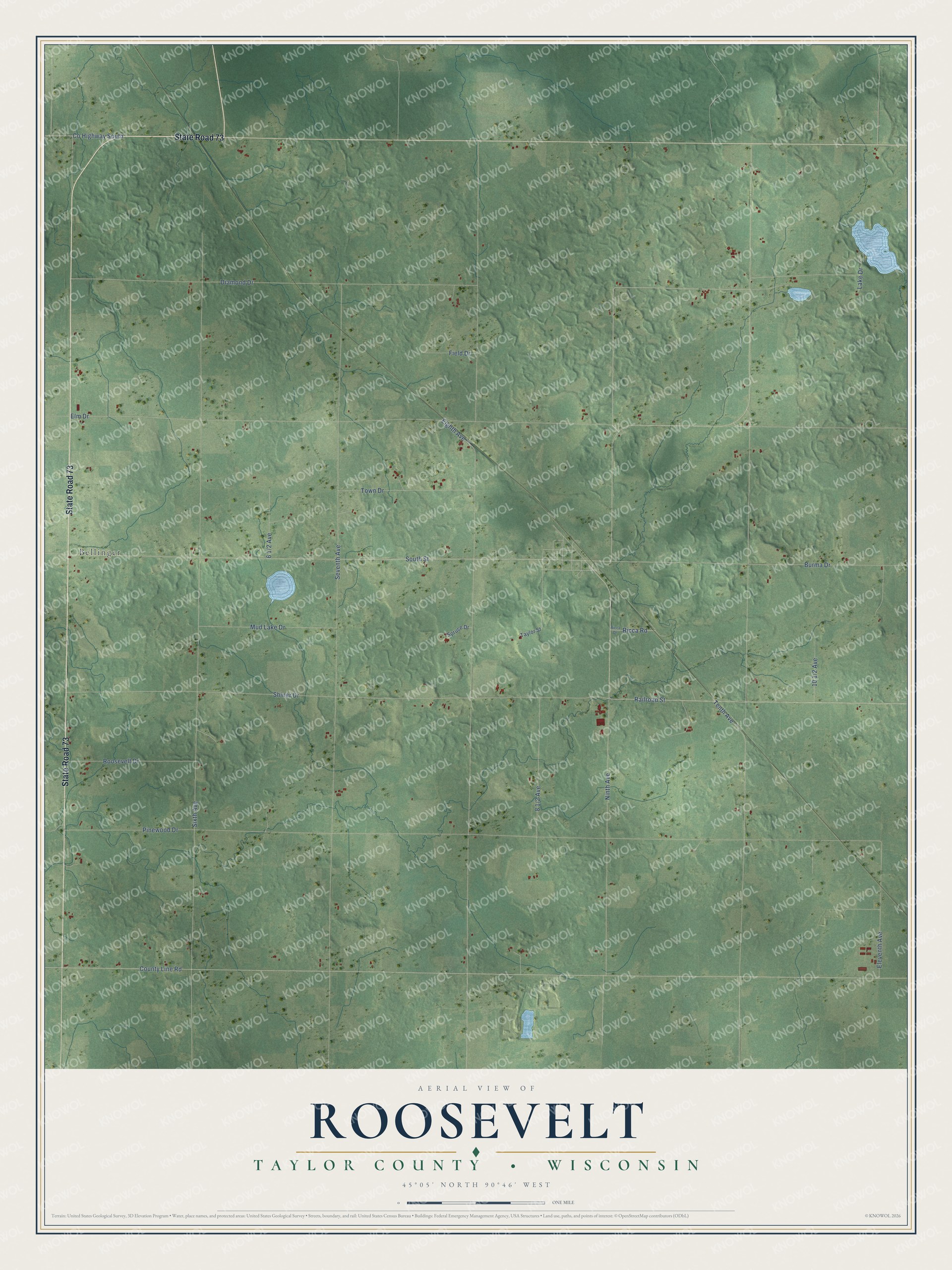 Full map of Roosevelt, Wisconsin, with red buildings, printed street names and the land around them