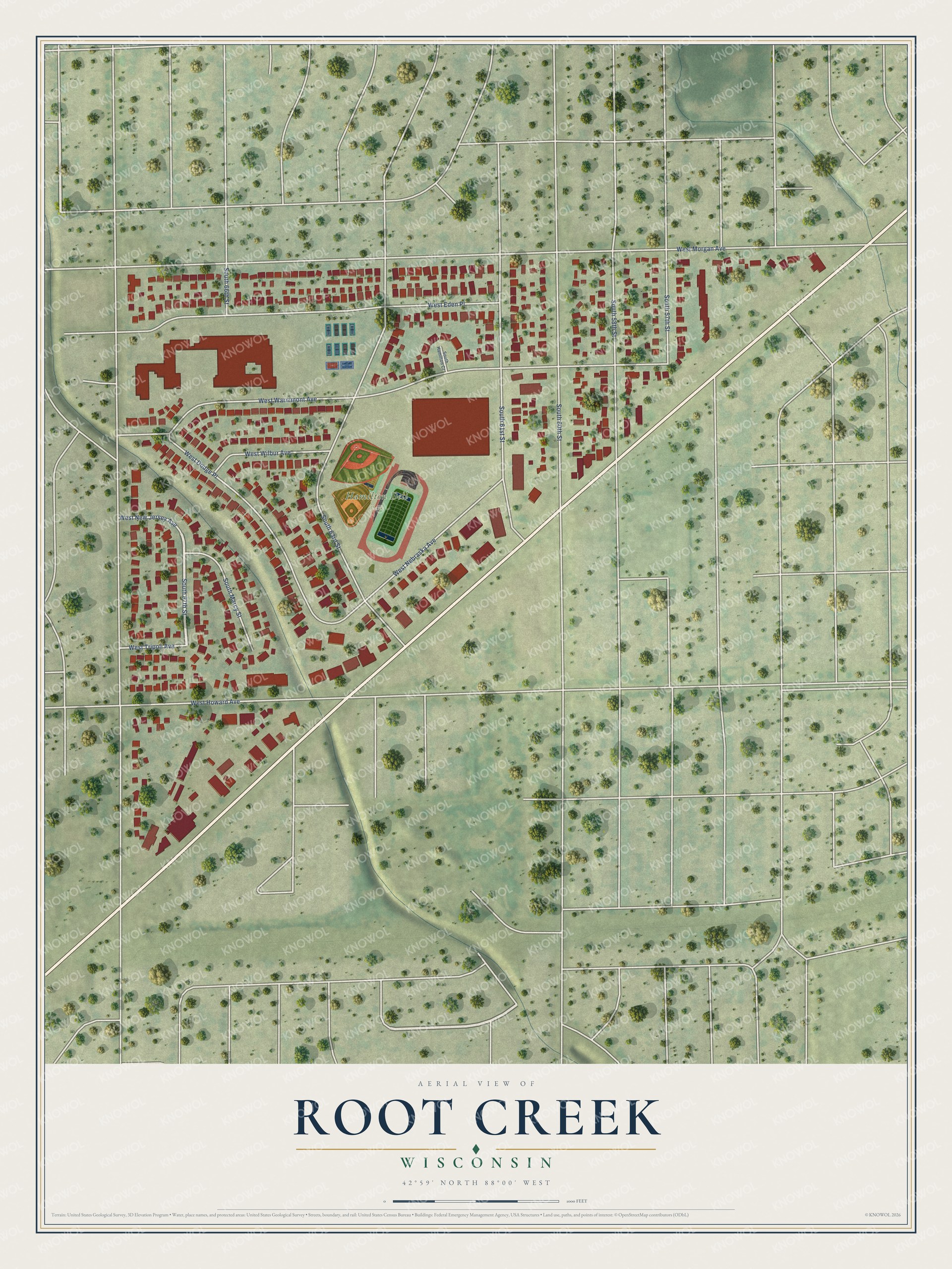 Full map of Root Creek, Wisconsin, with red buildings, printed street names and the land around them