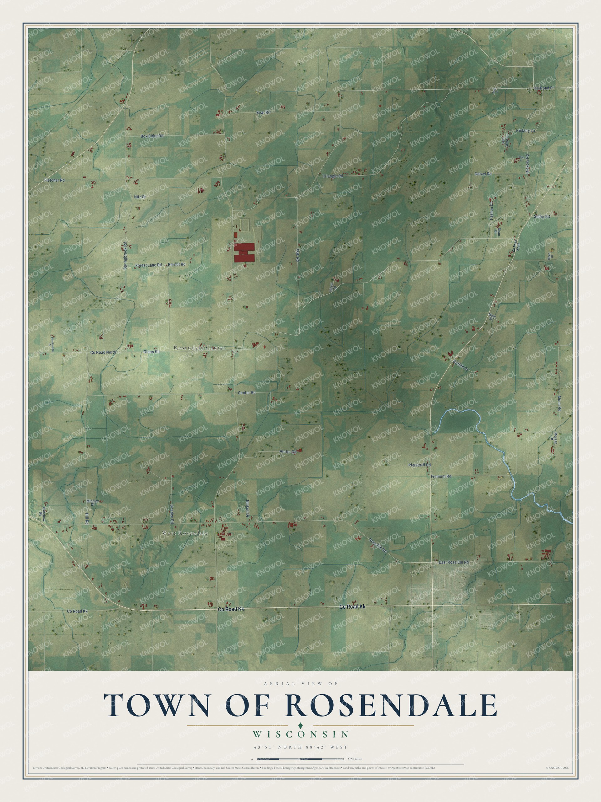 Full map of Rosendale, Wisconsin, with red buildings, printed street names and the land around them