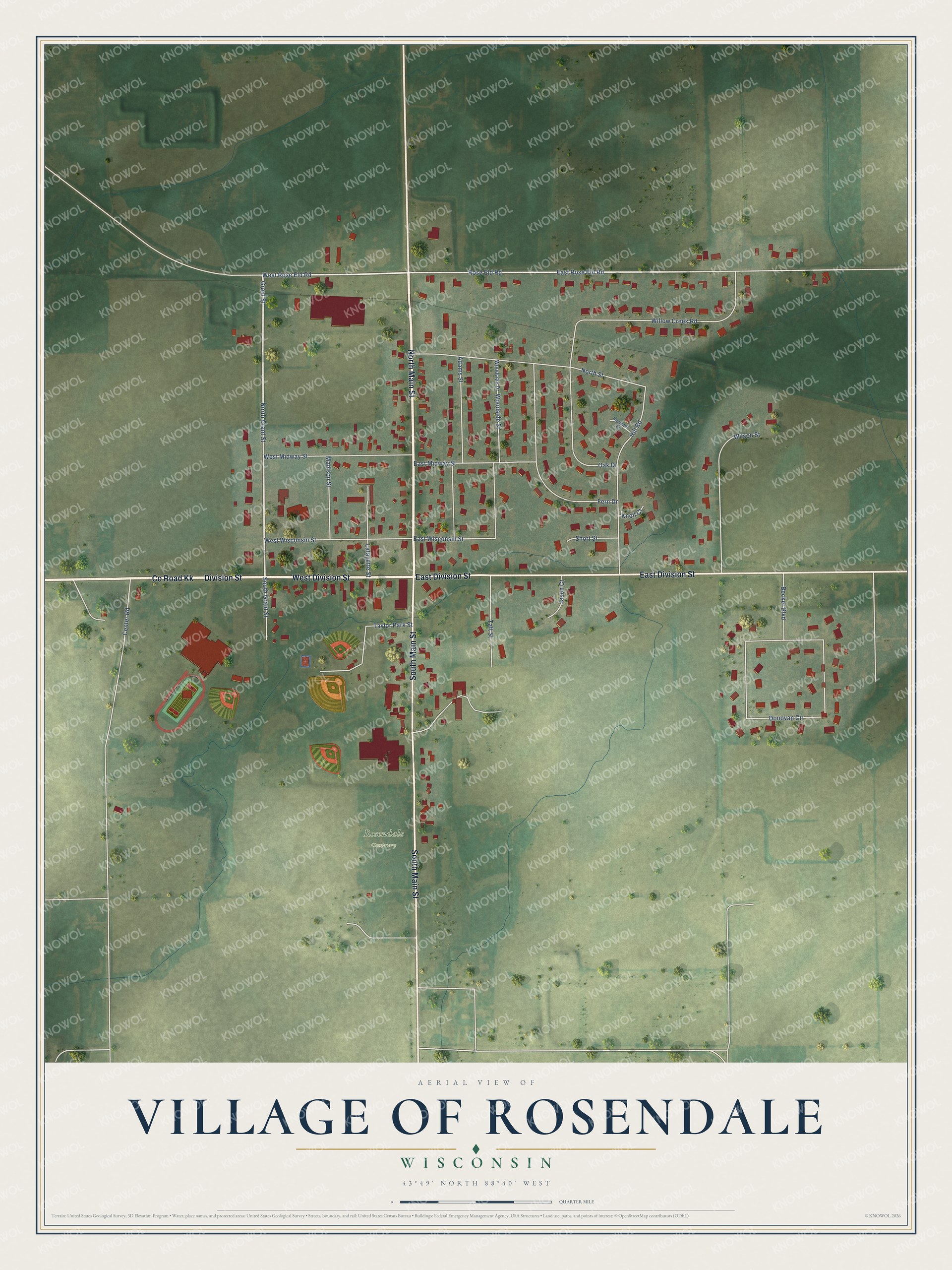 Full map of Rosendale, Wisconsin, with red buildings, printed street names and the land around them