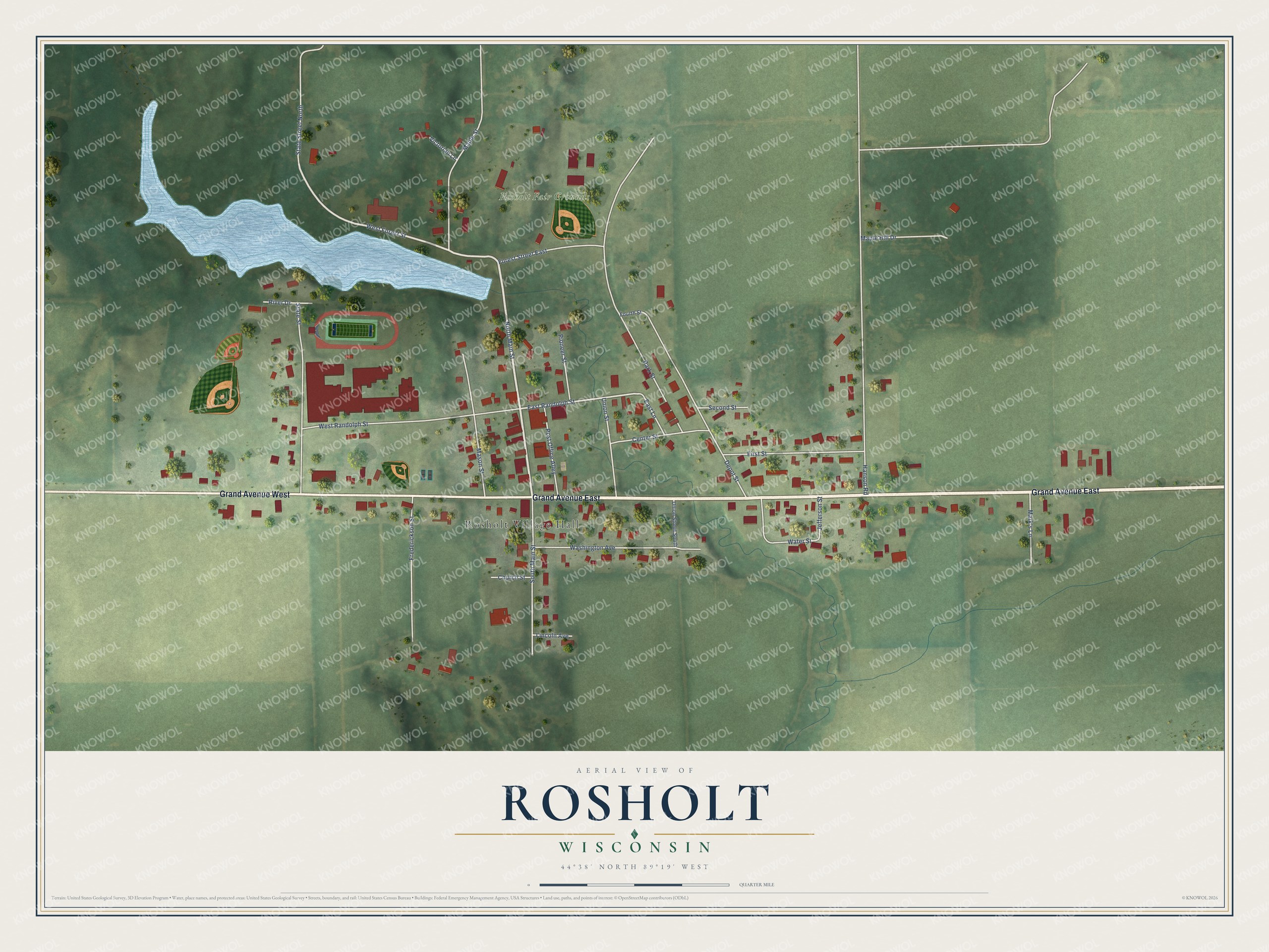 Full map of Rosholt, Wisconsin, with red buildings, printed street names and the land around them