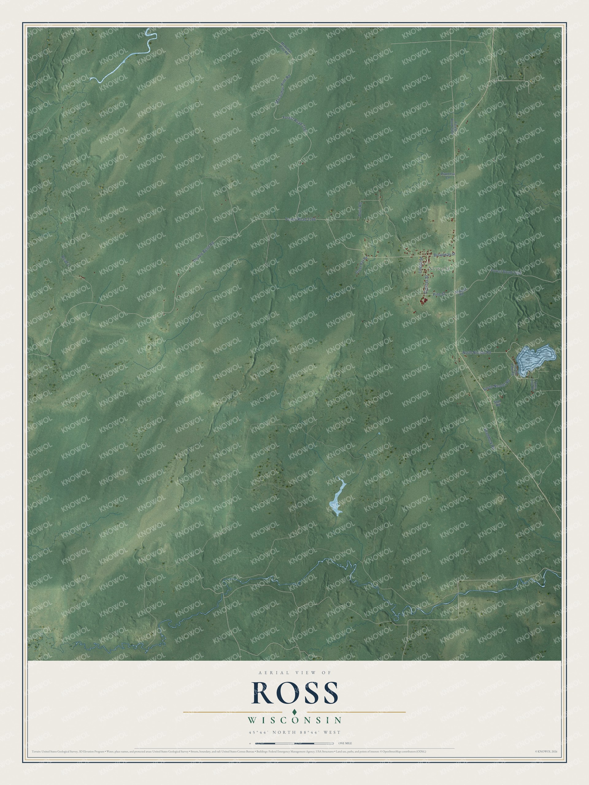 Full map of Ross, Wisconsin, with red buildings, printed street names and the land around them