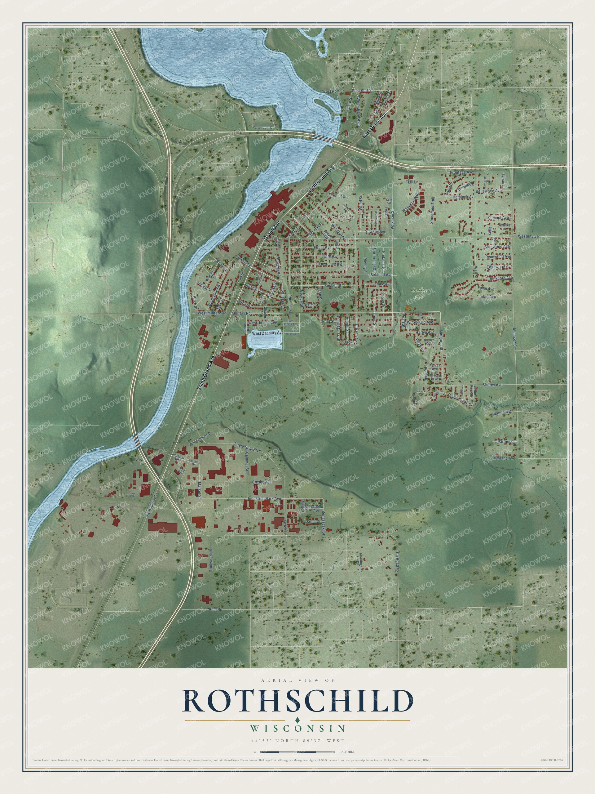 Full map of Rothschild, Wisconsin, with red buildings, printed street names and the land around them