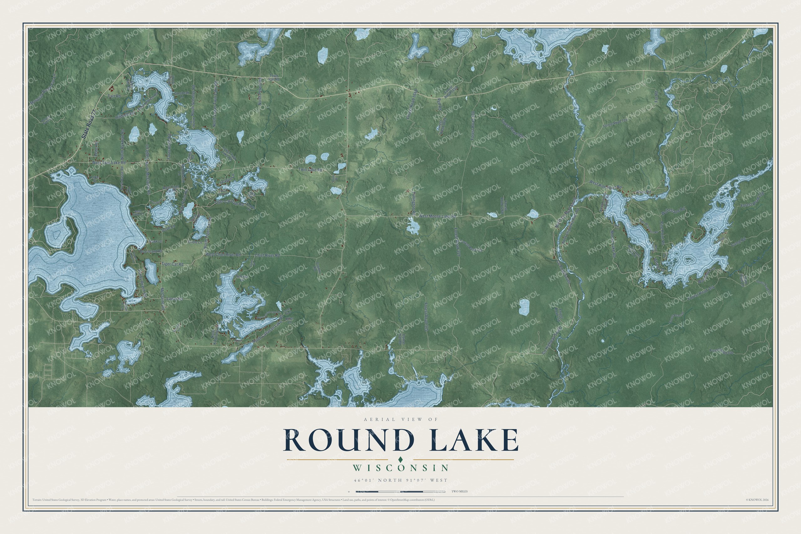 Full map of Round Lake, Wisconsin, with red buildings, printed street names and the land around them