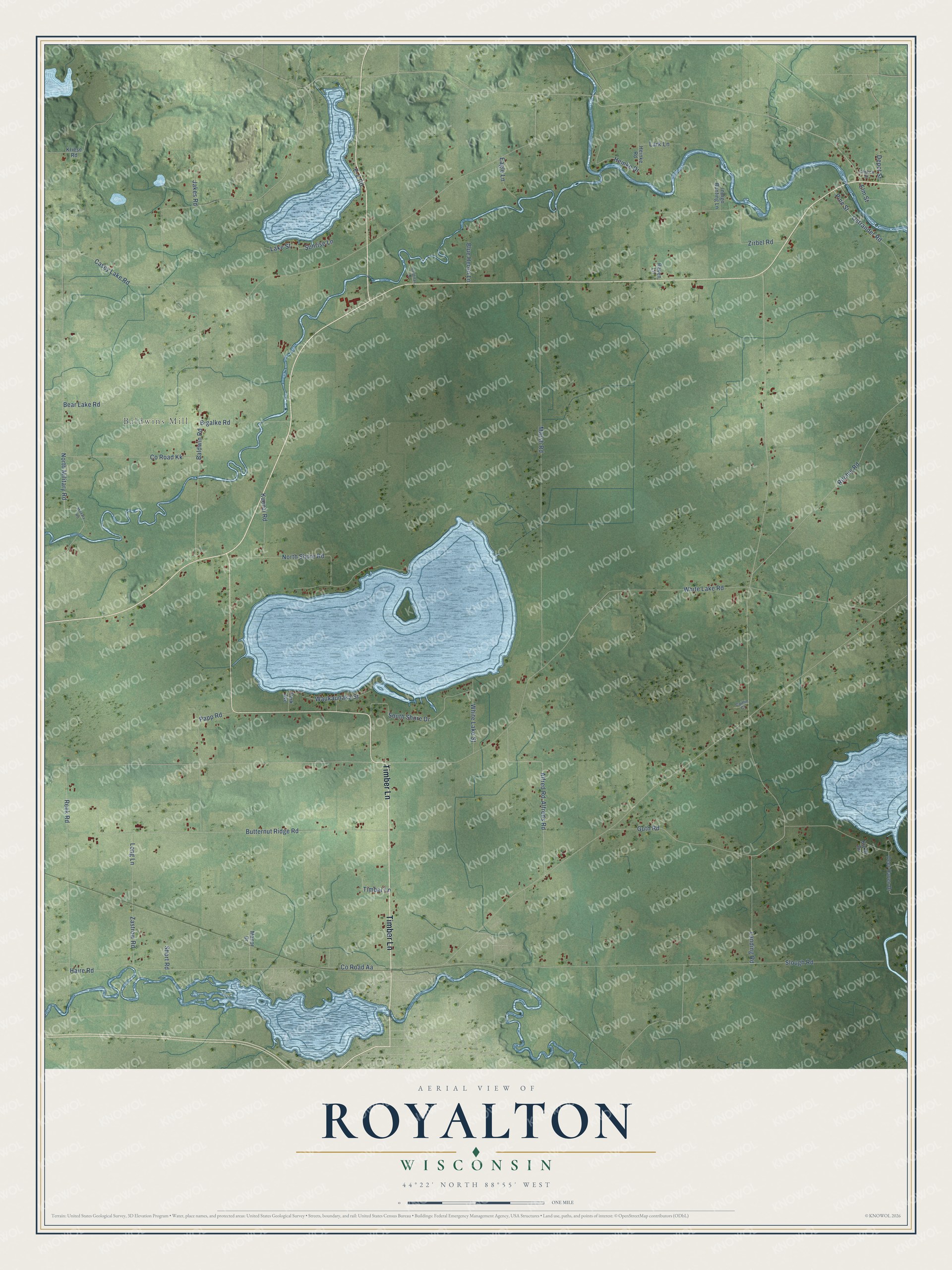 Full map of Royalton, Wisconsin, with red buildings, printed street names and the land around them