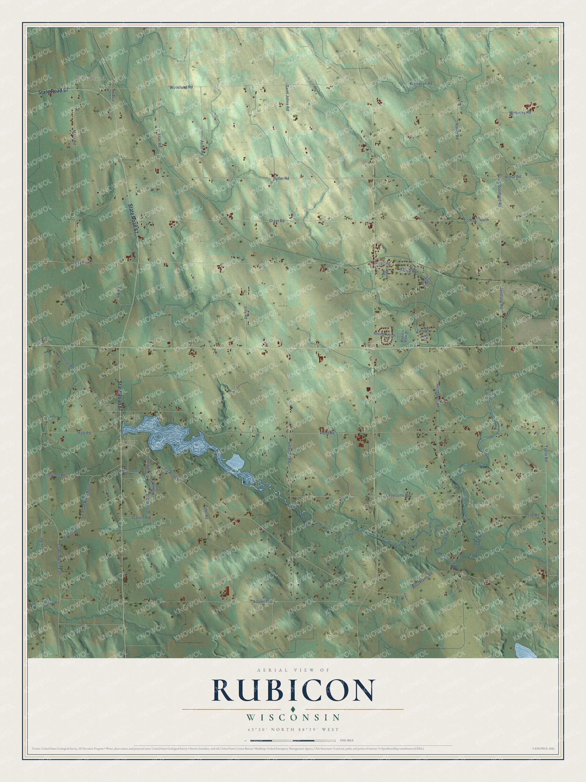 Full map of Rubicon, Wisconsin, with red buildings, printed street names and the land around them