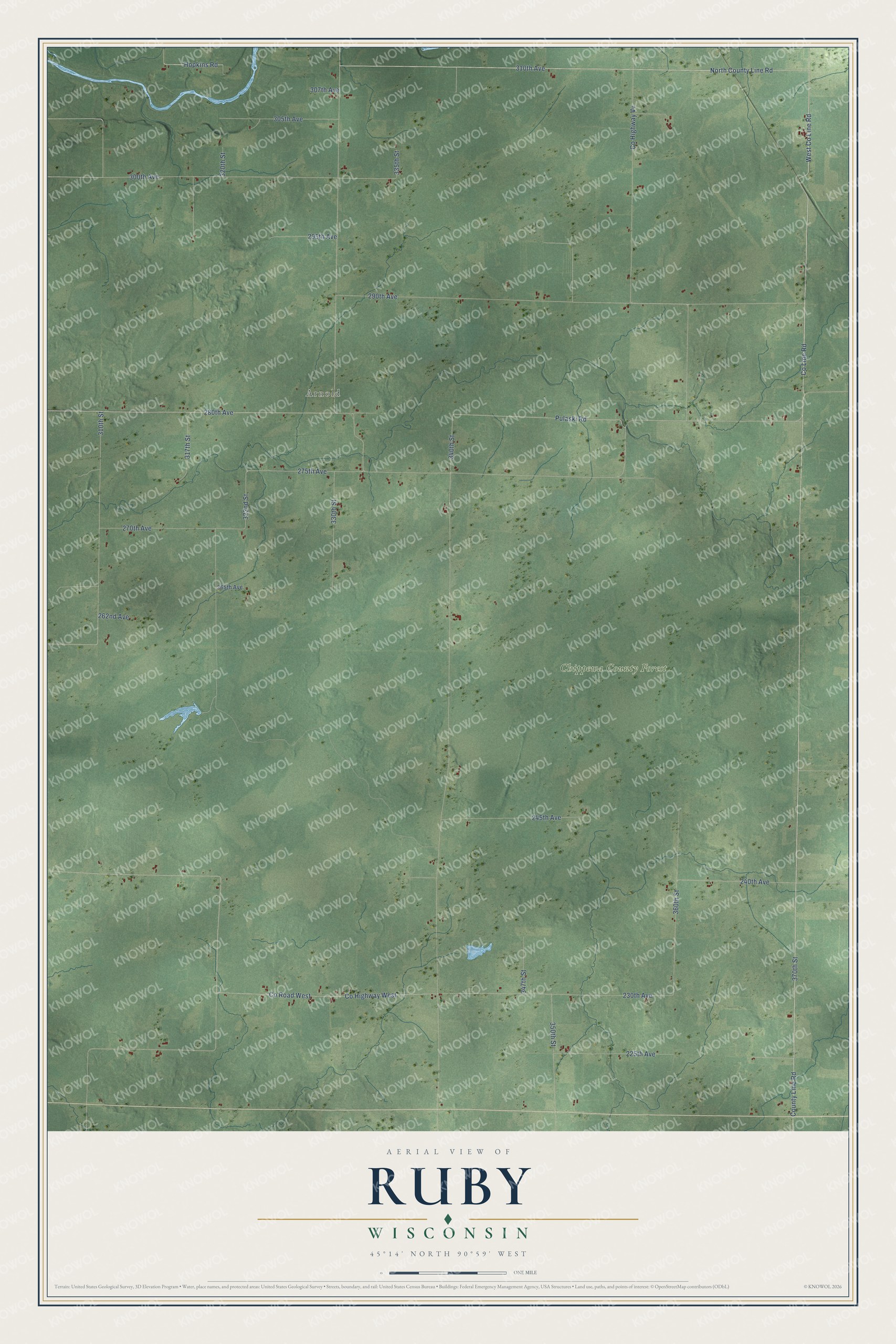 Full map of Ruby, Wisconsin, with red buildings, printed street names and the land around them