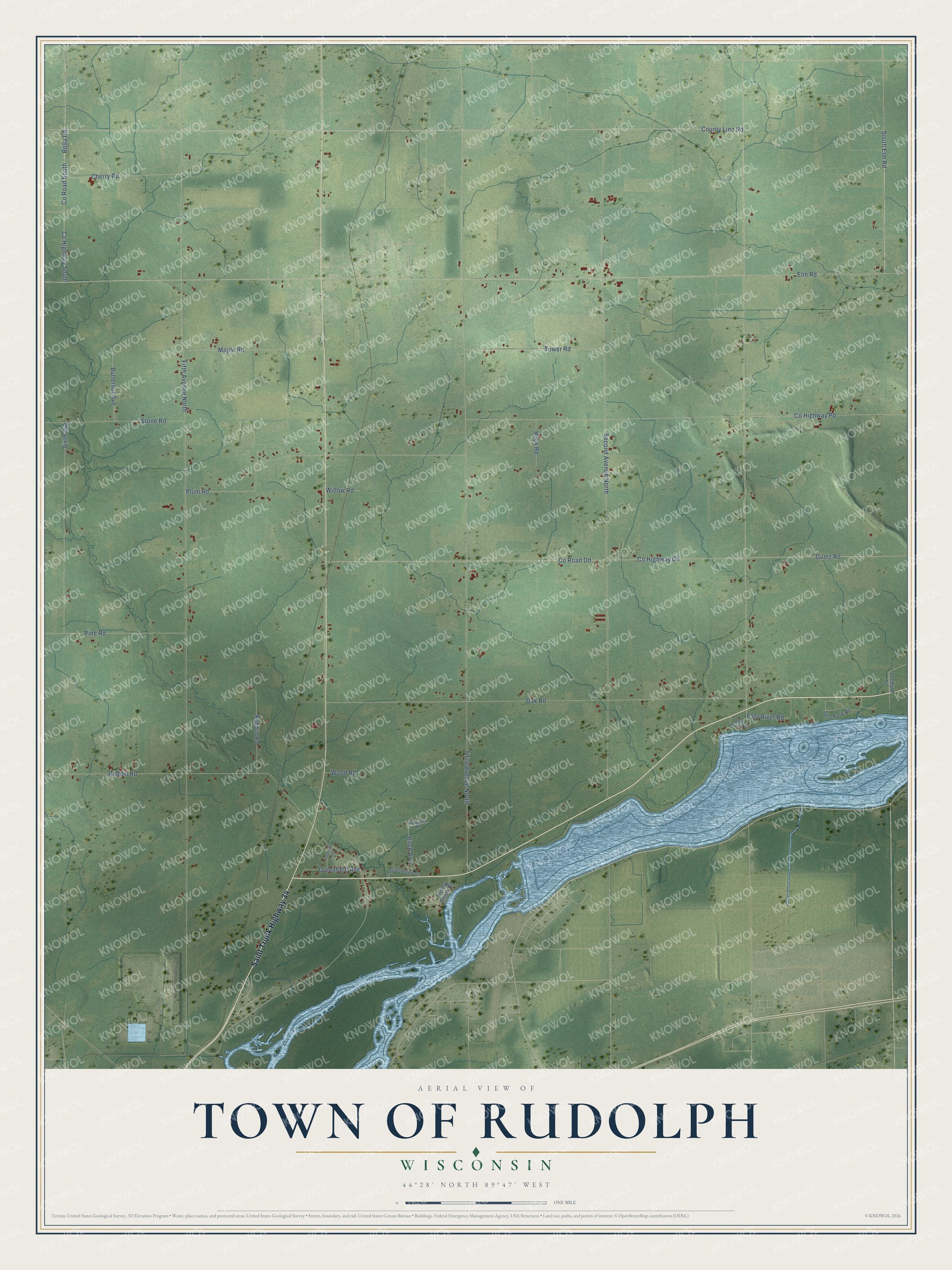 Full map of Rudolph, Wisconsin, with red buildings, printed street names and the land around them