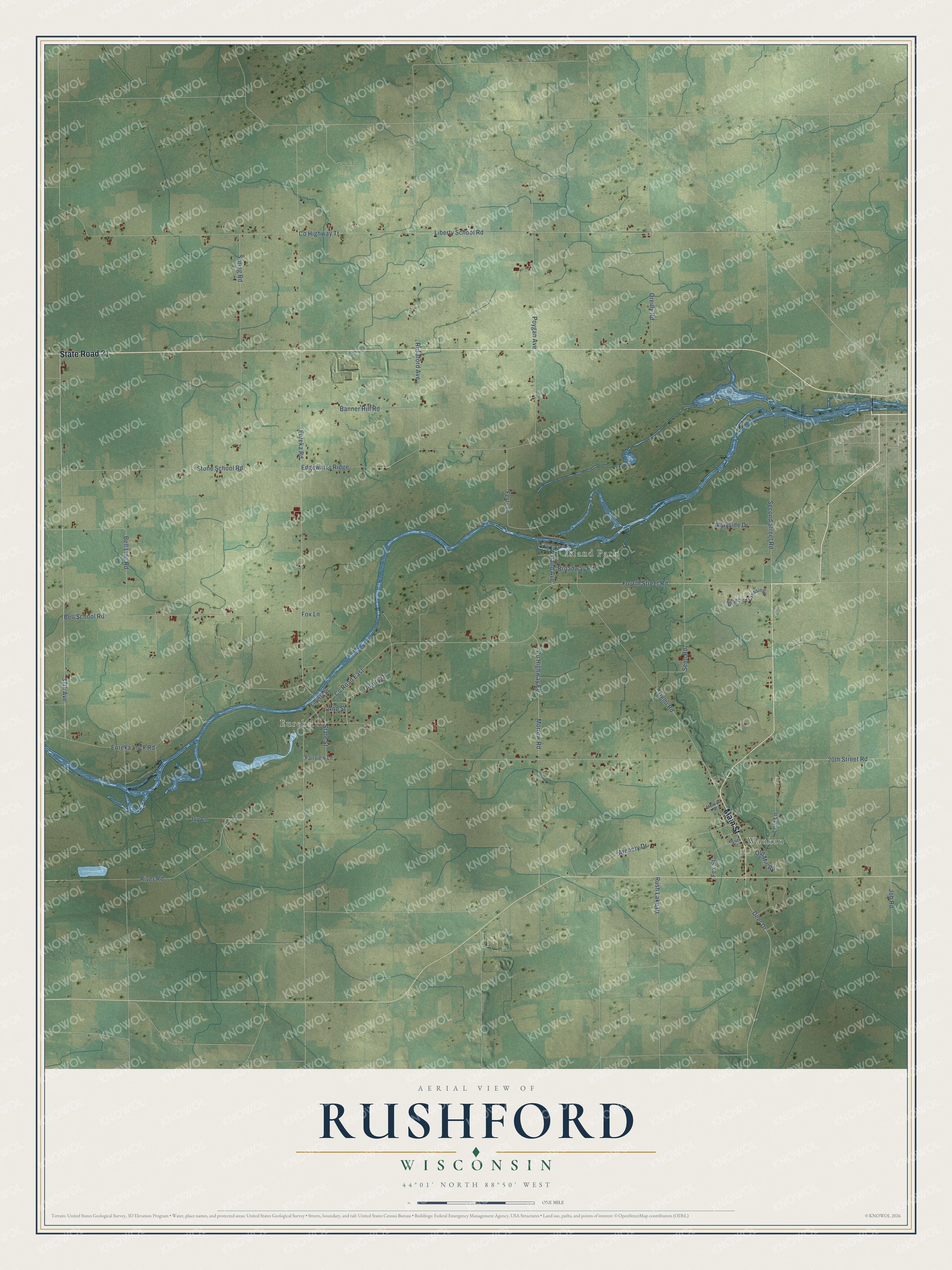 Full map of Rushford, Wisconsin, with red buildings, printed street names and the land around them