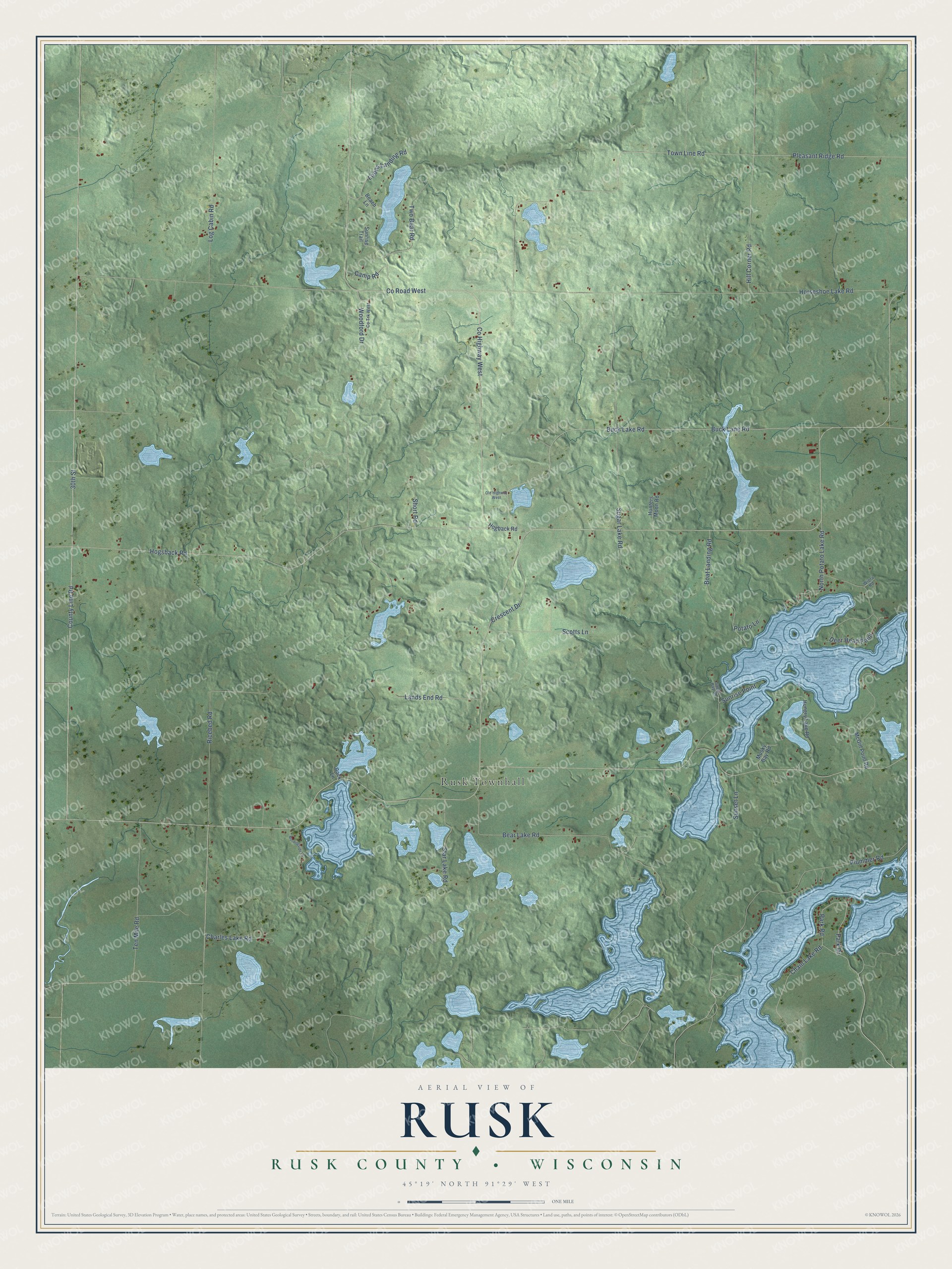 Full map of Rusk, Wisconsin, with red buildings, printed street names and the land around them