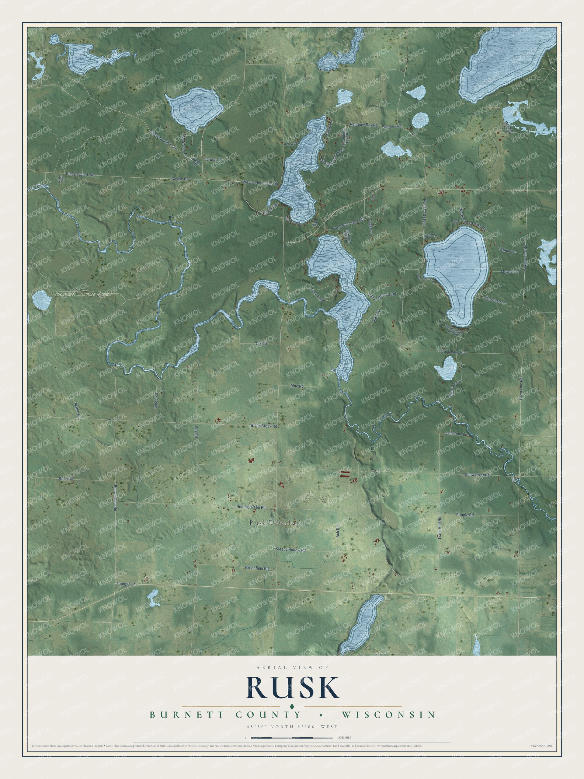 Full map of Rusk, Wisconsin, with red buildings, printed street names and the land around them