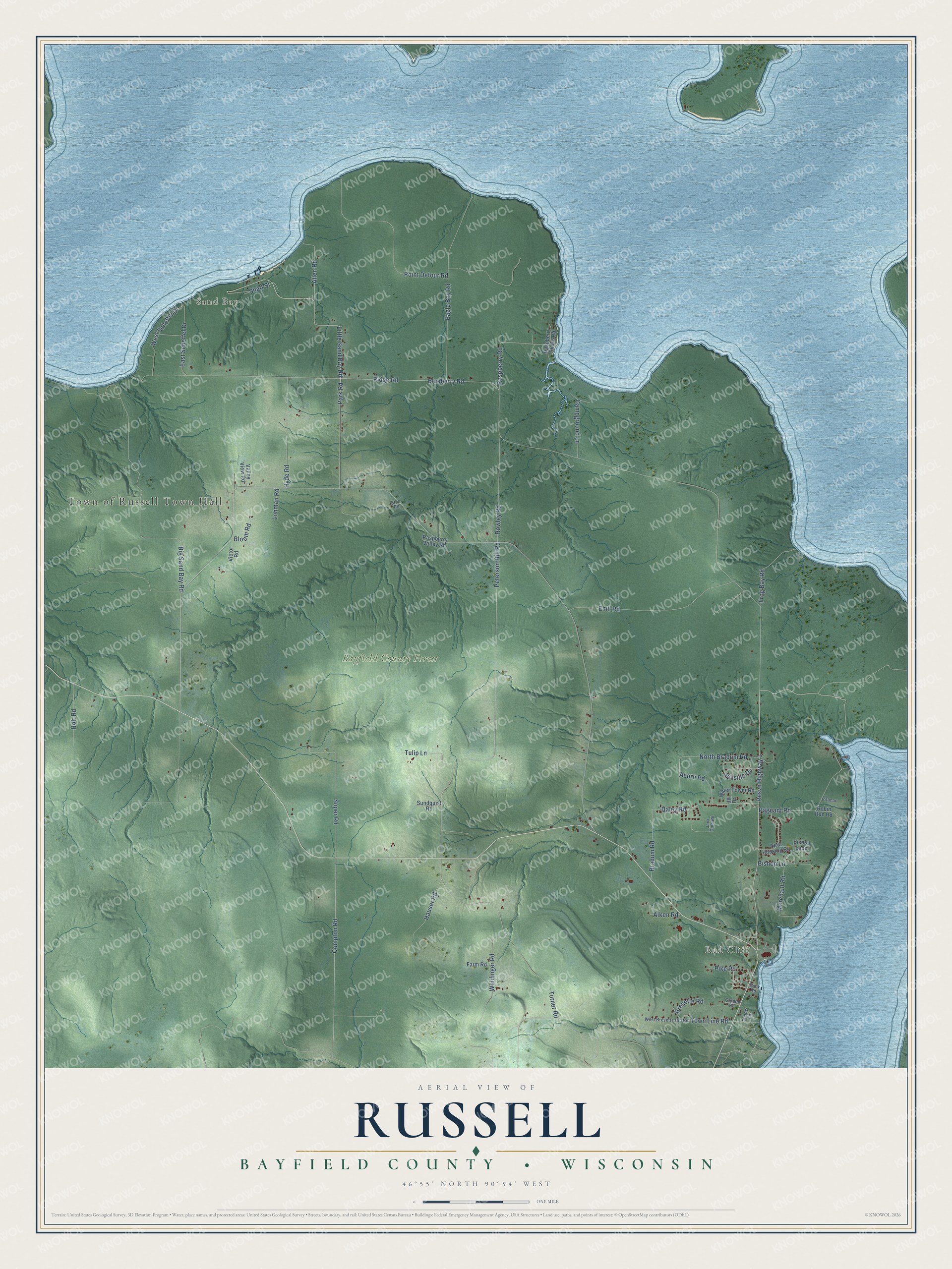 Full map of Russell, Wisconsin, with red buildings, printed street names and the land around them
