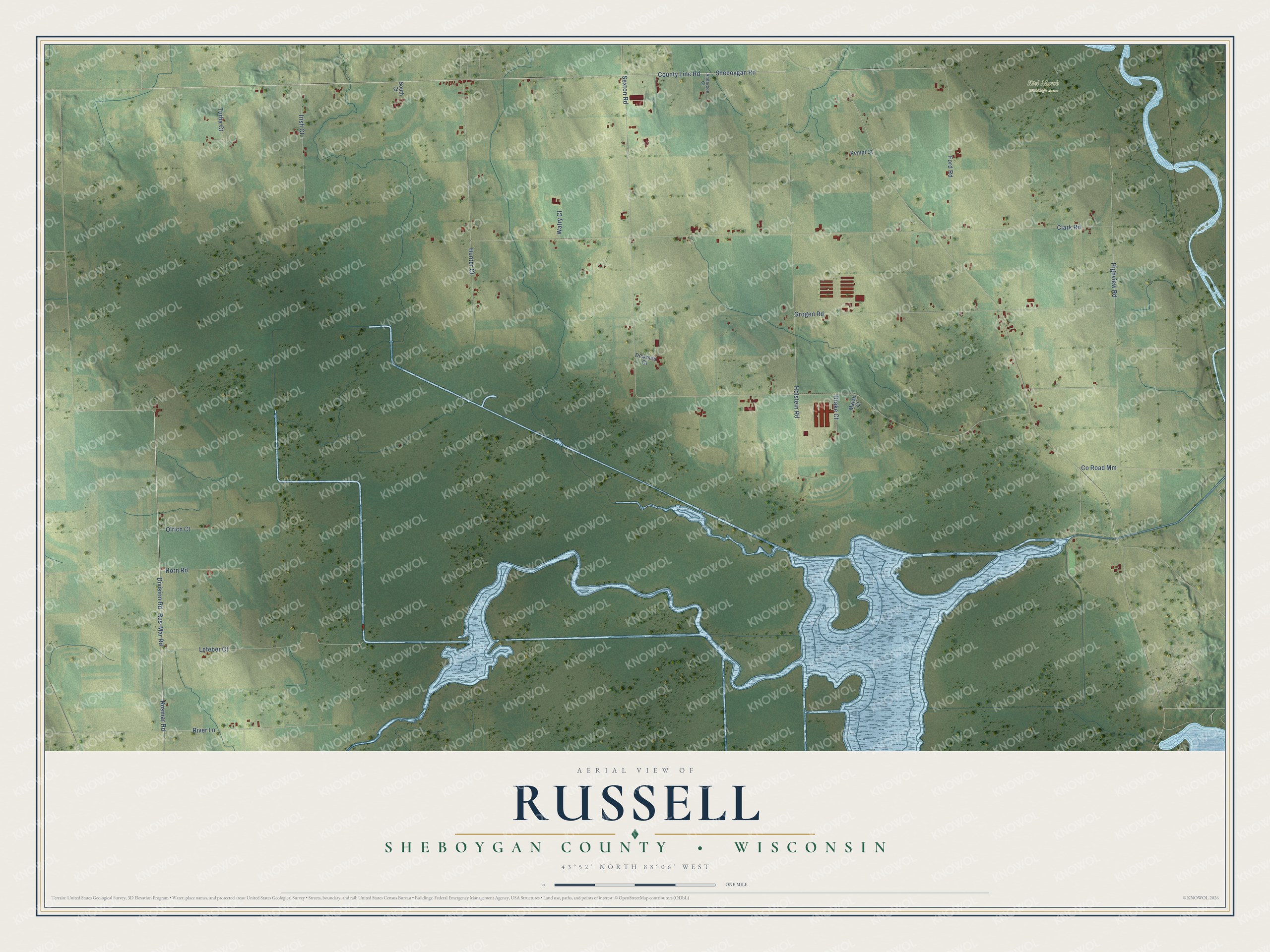 Full map of Russell, Wisconsin, with red buildings, printed street names and the land around them