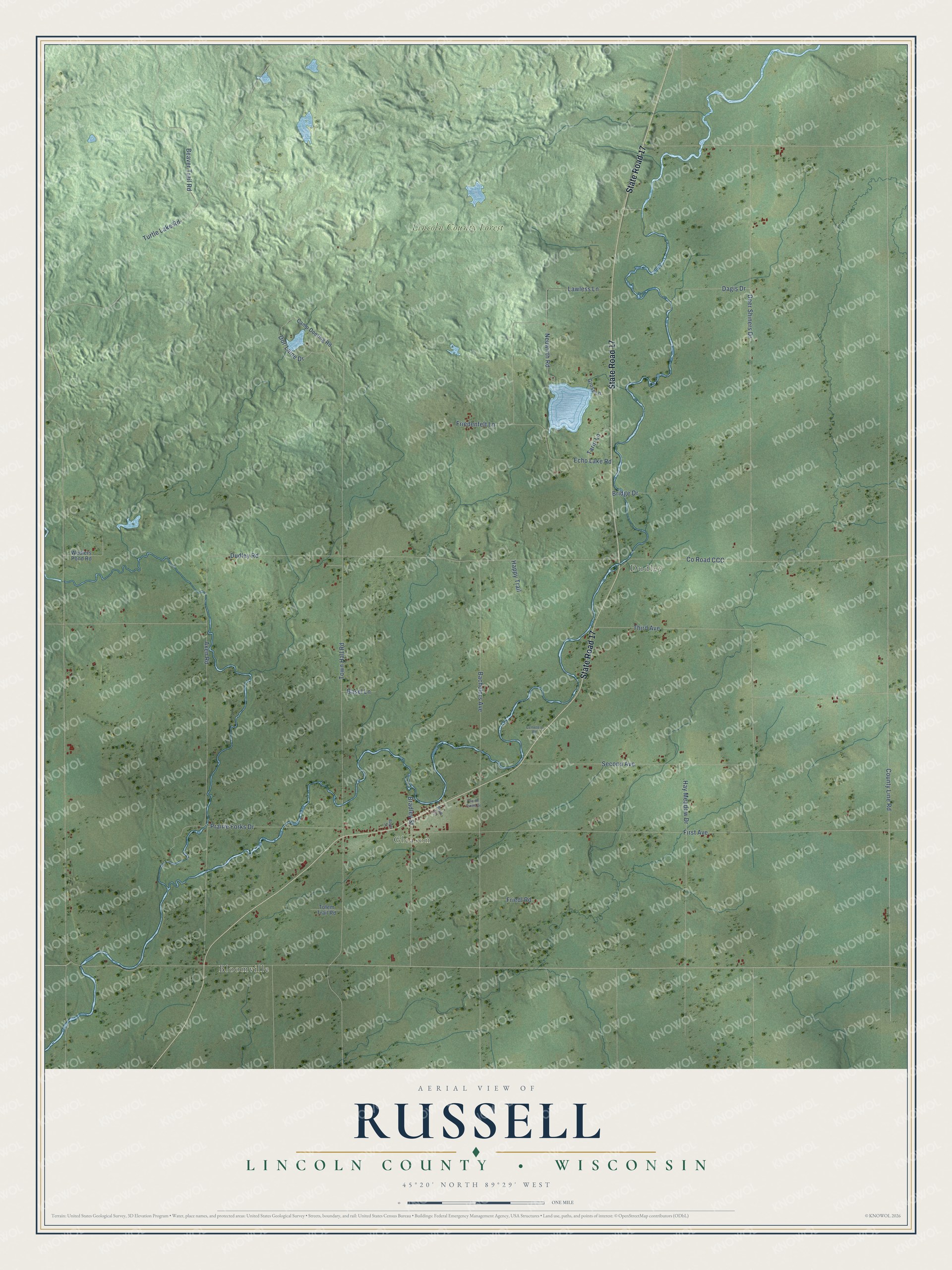Full map of Russell, Wisconsin, with red buildings, printed street names and the land around them
