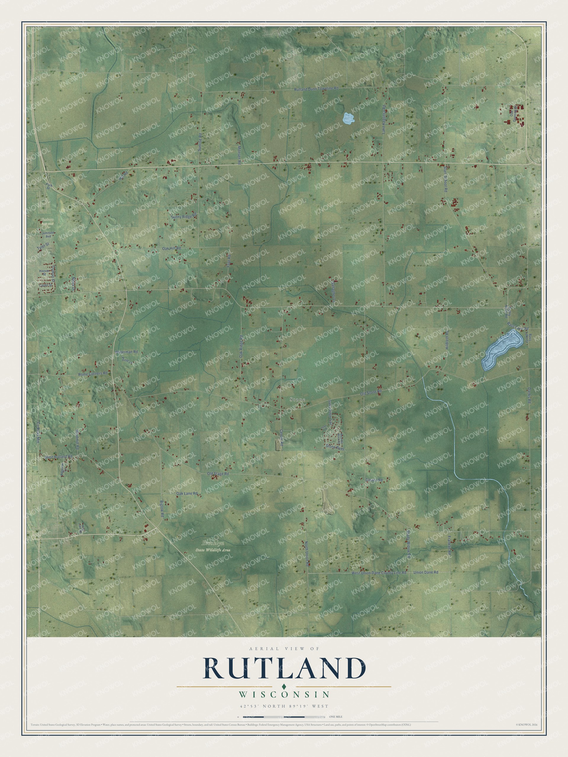 Full map of Rutland, Wisconsin, with red buildings, printed street names and the land around them