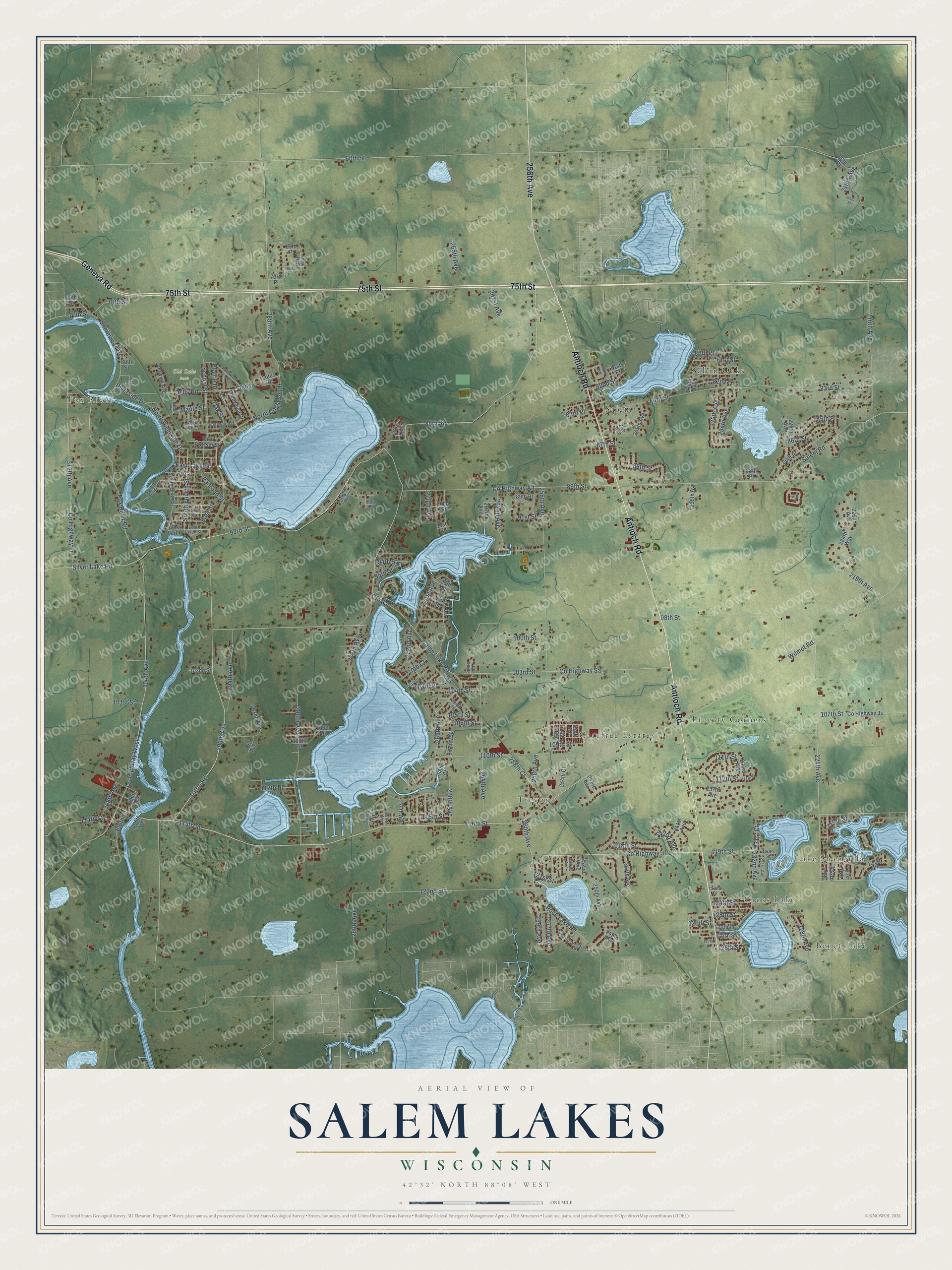 Full map of Salem Lakes, Wisconsin, with red buildings, printed street names and the land around them