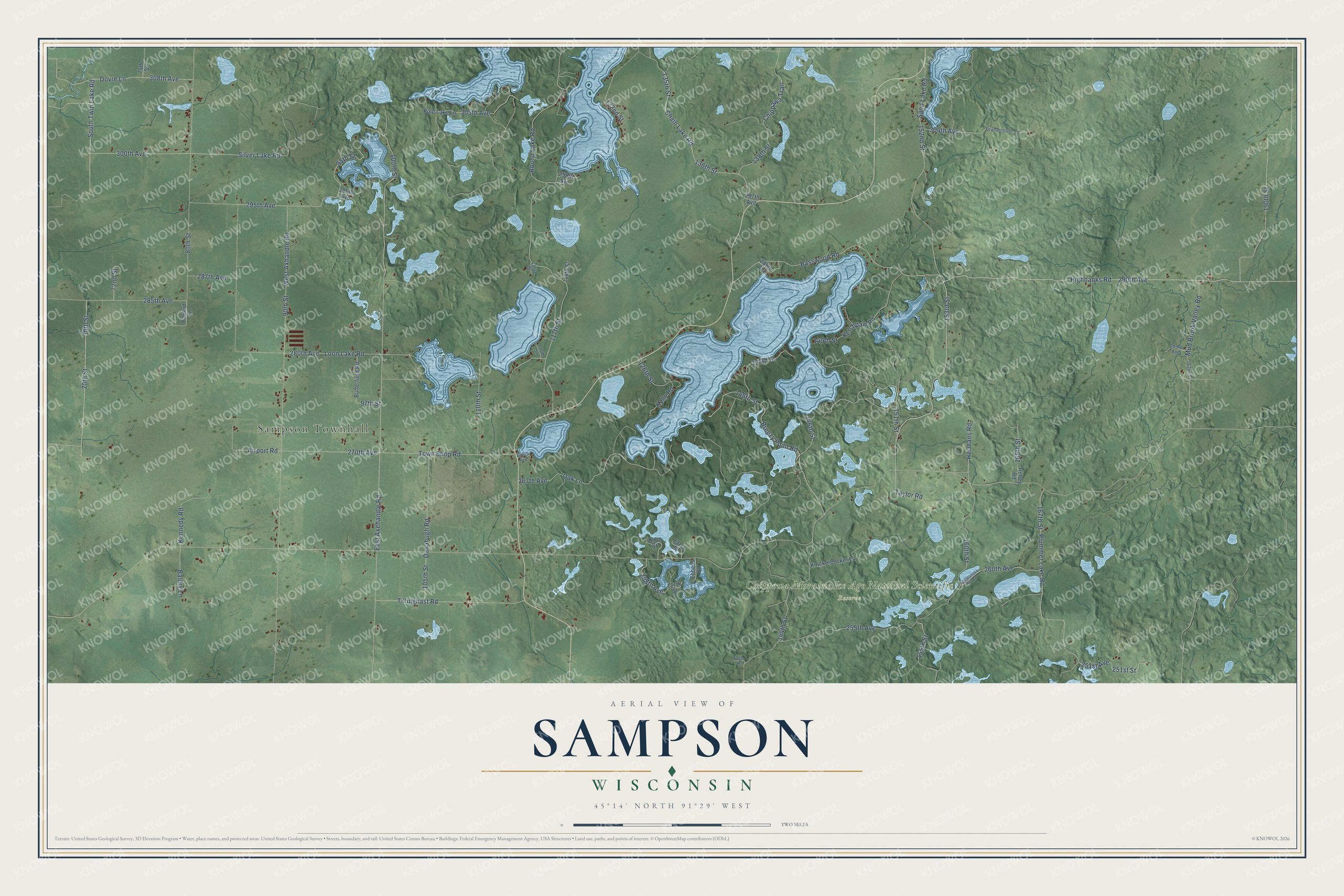 Full map of Sampson, Wisconsin, with red buildings, printed street names and the land around them